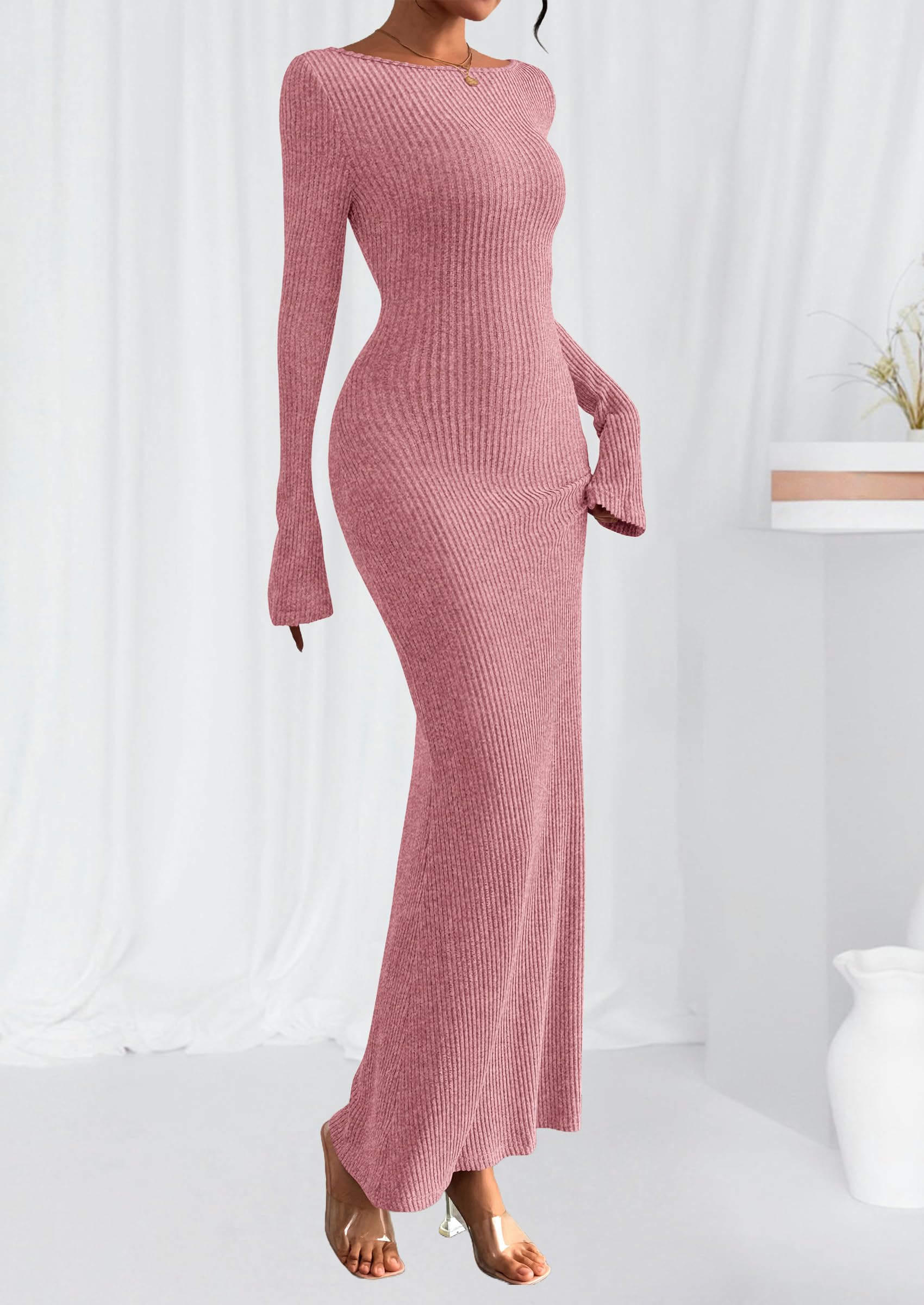 Women's Fall Long Sleeve Bodycon Maxi Dresses (Pink,XS)
