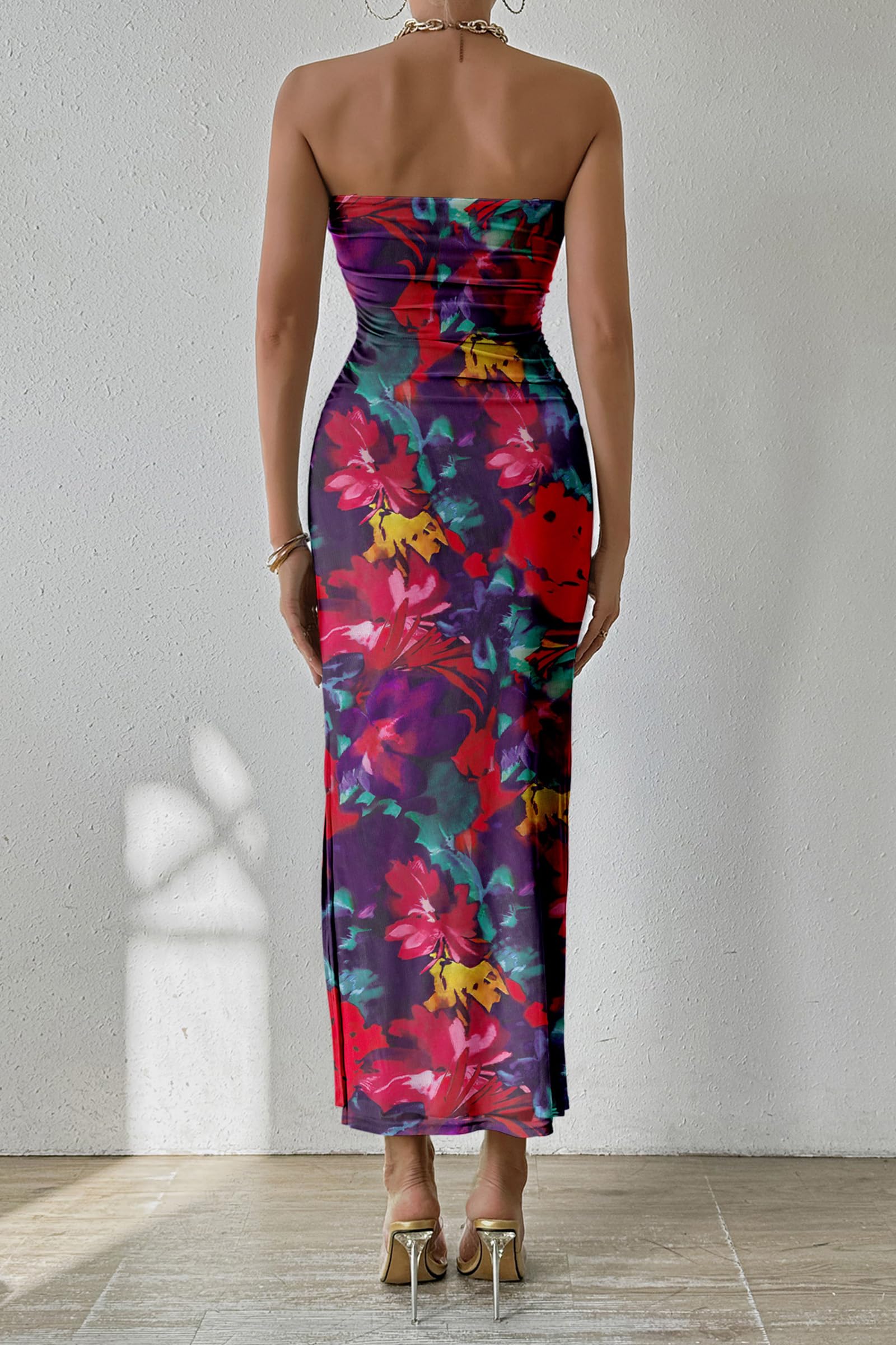 Womens Strapless Bodycon Maxi Dress, Navy Red Big Floral,S