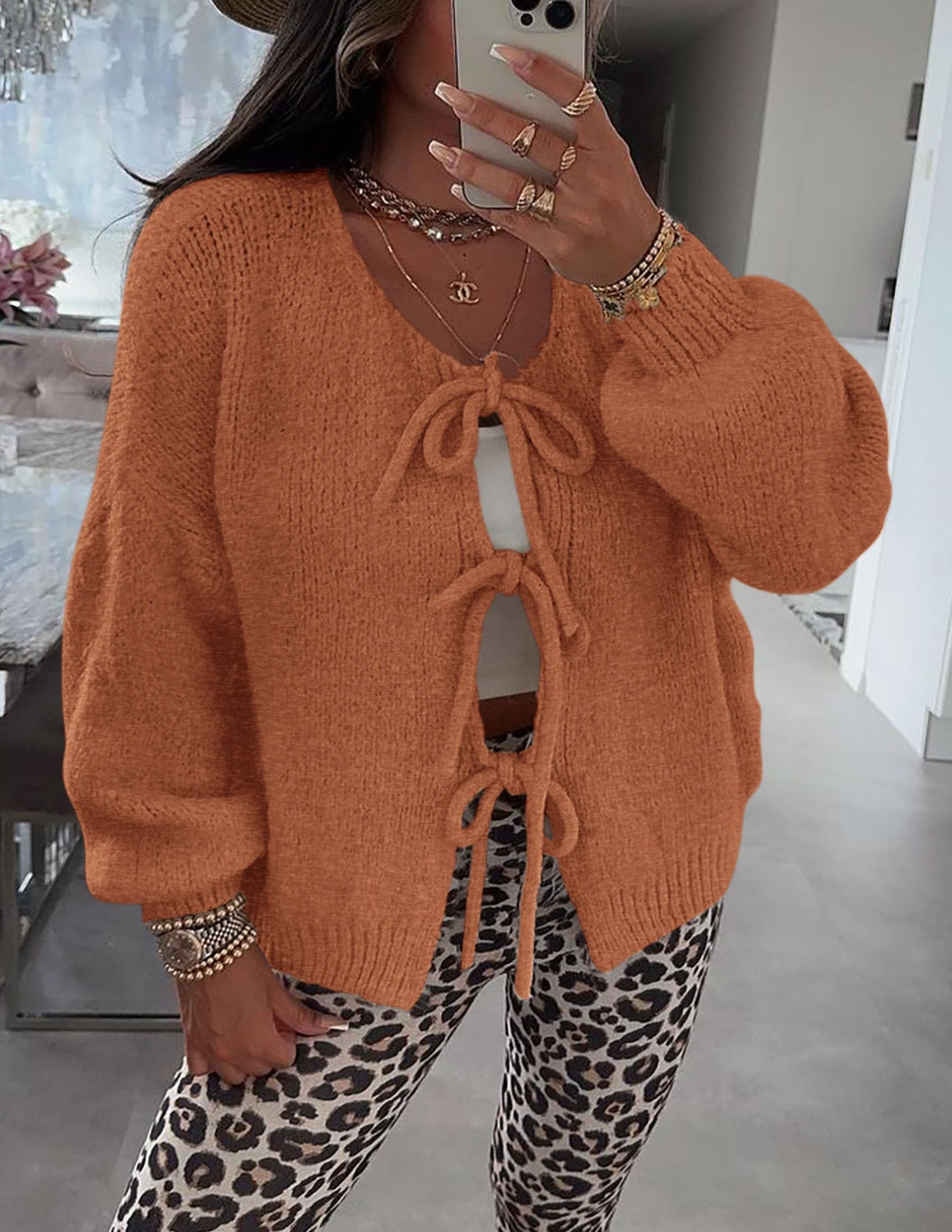 Women's Tie Front Bow Cardigan Sweaters(Brick Red,Small)