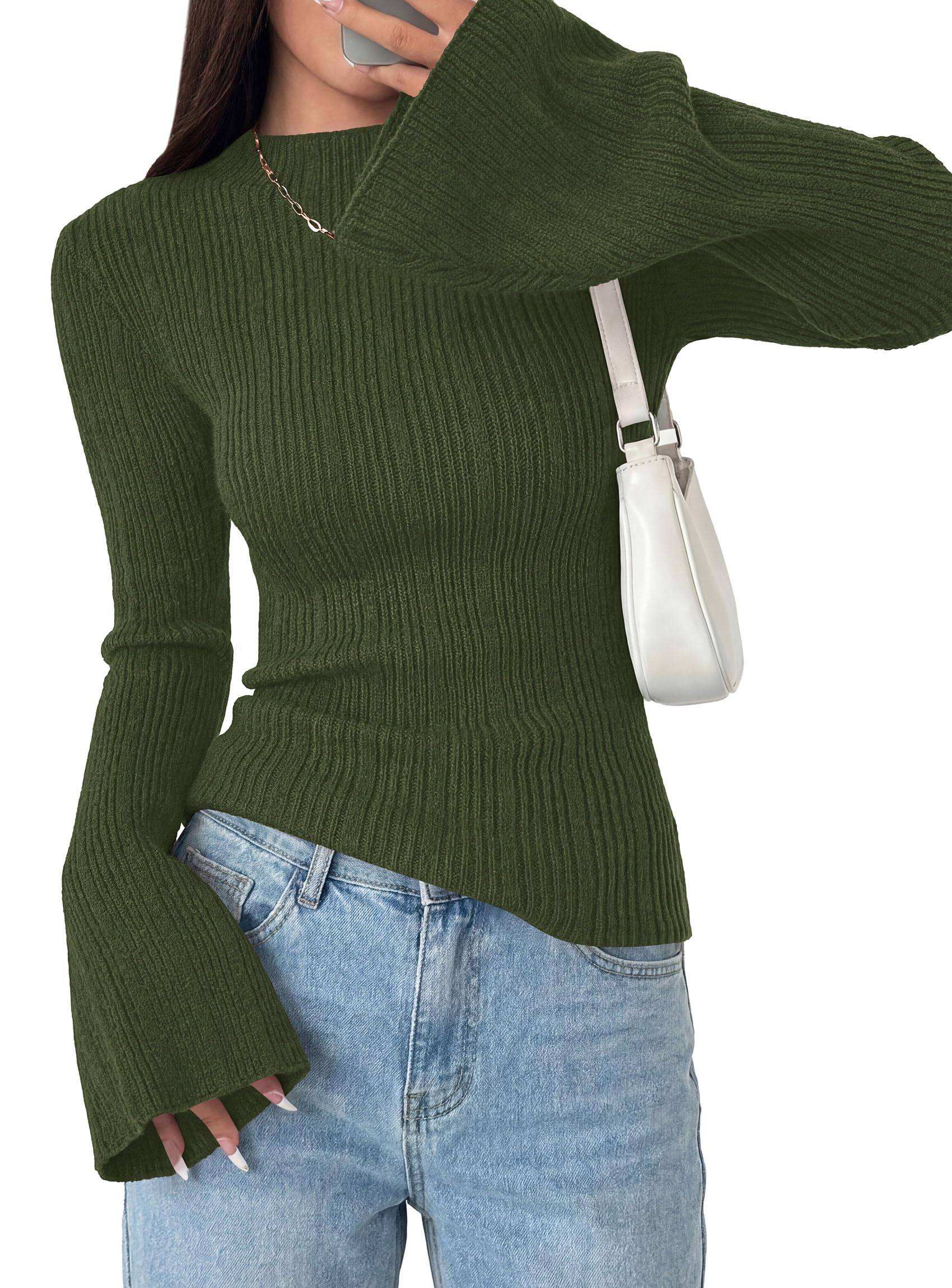 Womens Bell Long Sleeve Tops Mock Neck Sweaters,Army Green,S