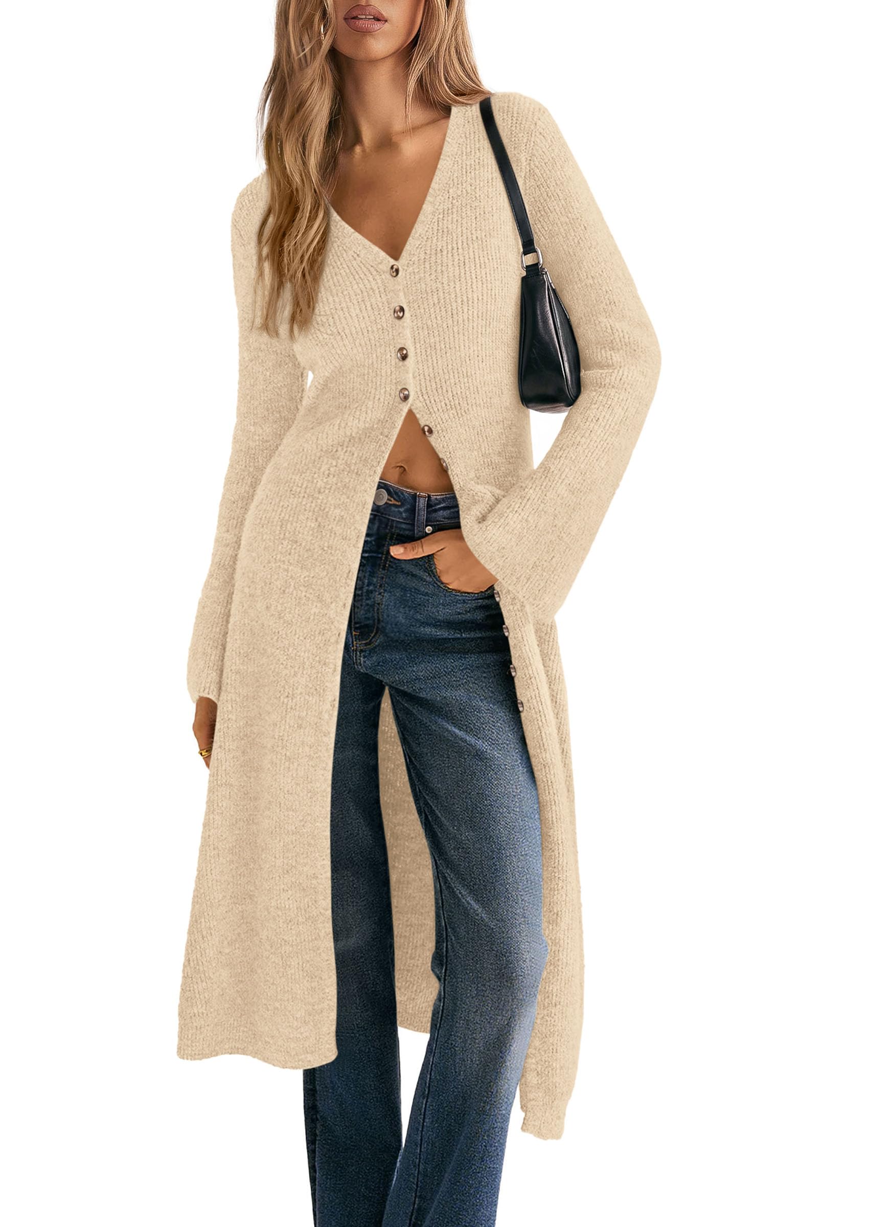 Women Long Cardigan Bell Sleeve Sweater Dress (Beige,S)