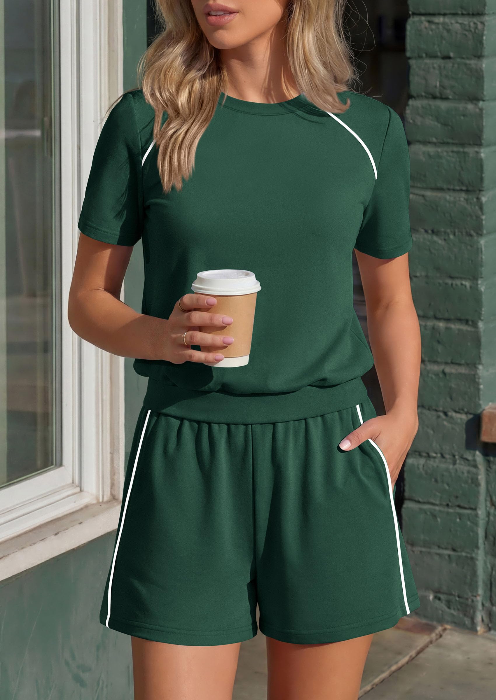 Womens 2 Piece Short Sets Casual Summer Outfits, Dark Green,S