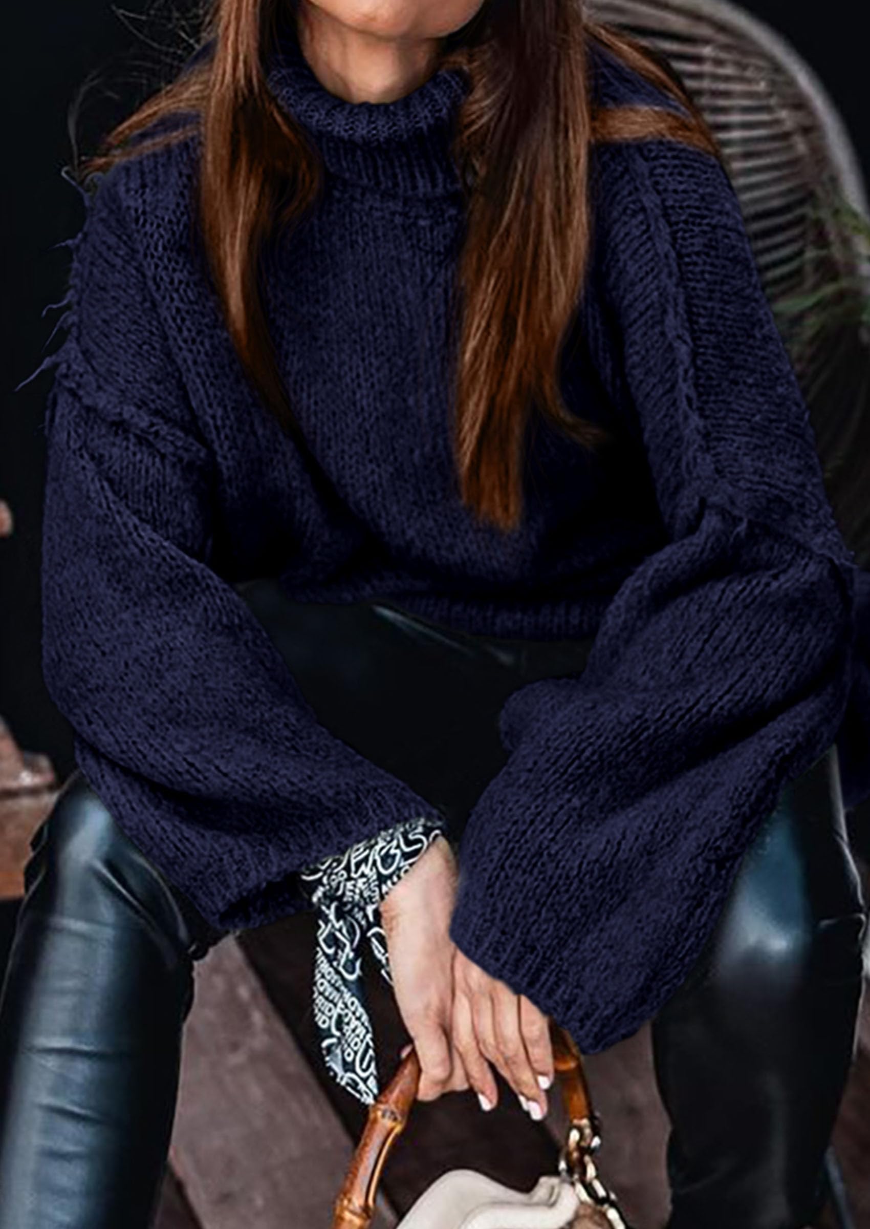 Womens Turtleneck Long Sleeve Oversized Sweaters,Navy Blue,S