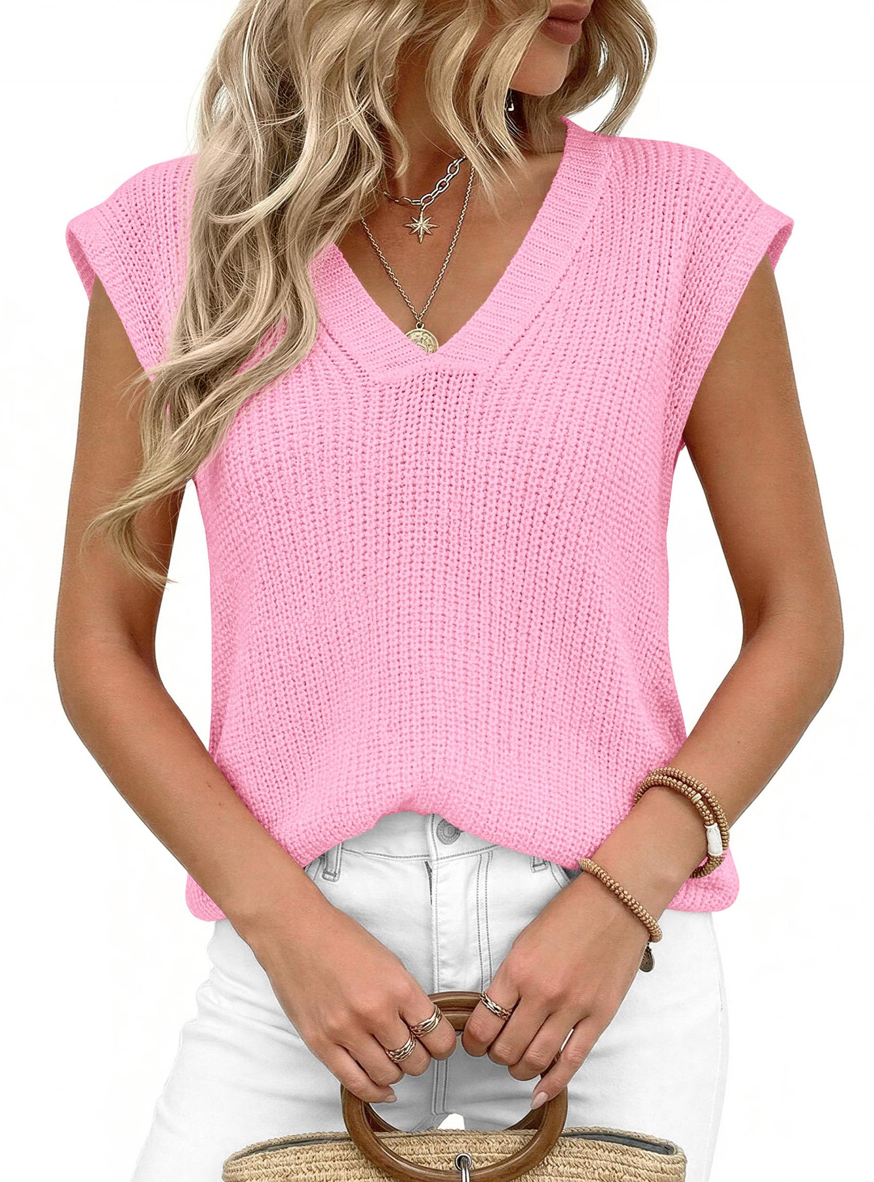 Women's Cap Sleeve Sweaters Vest Summer Tops (Pink,S)