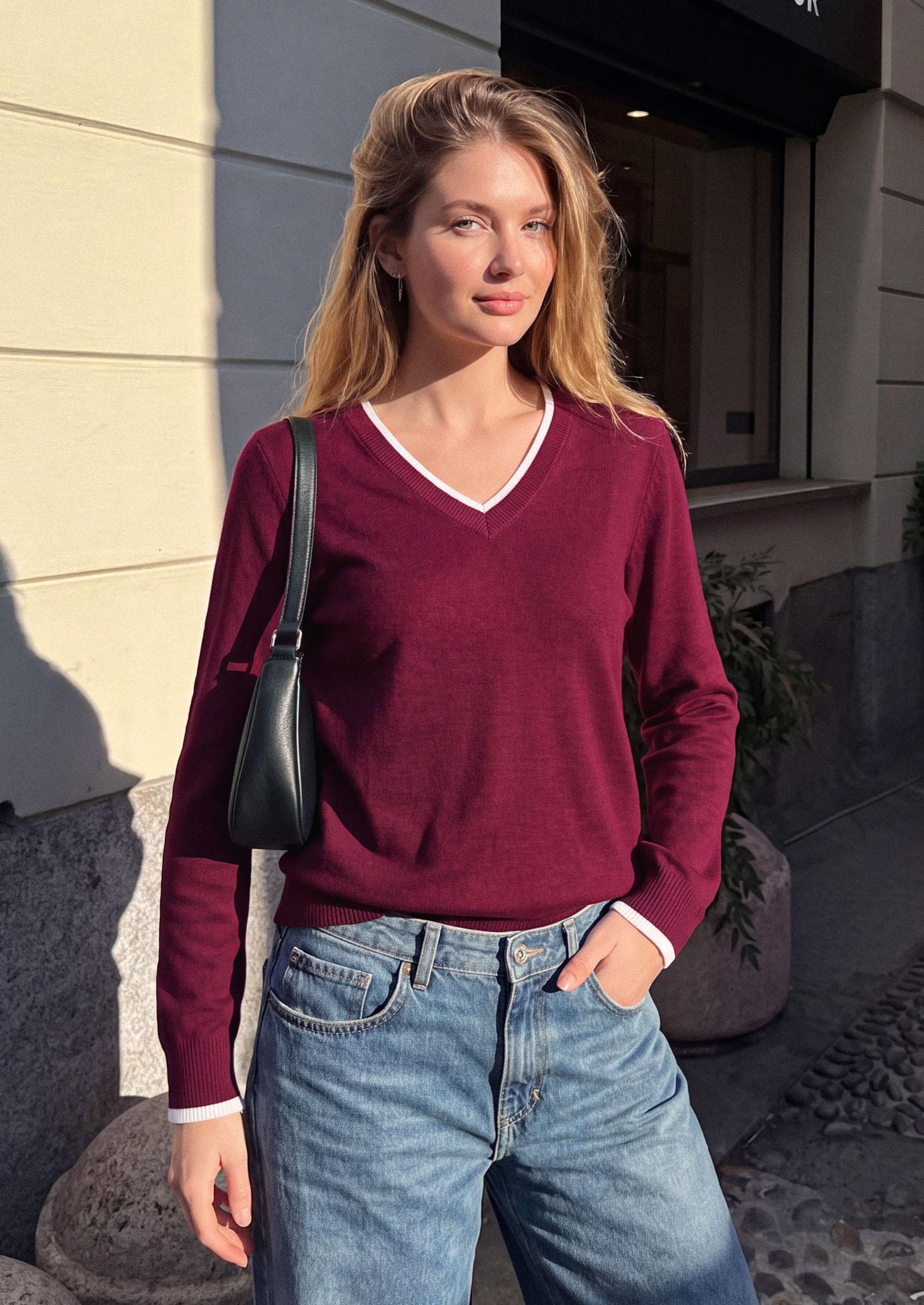 Women's V Neck Sweater Long Sleeve Knit Tops (Wine Red,S)