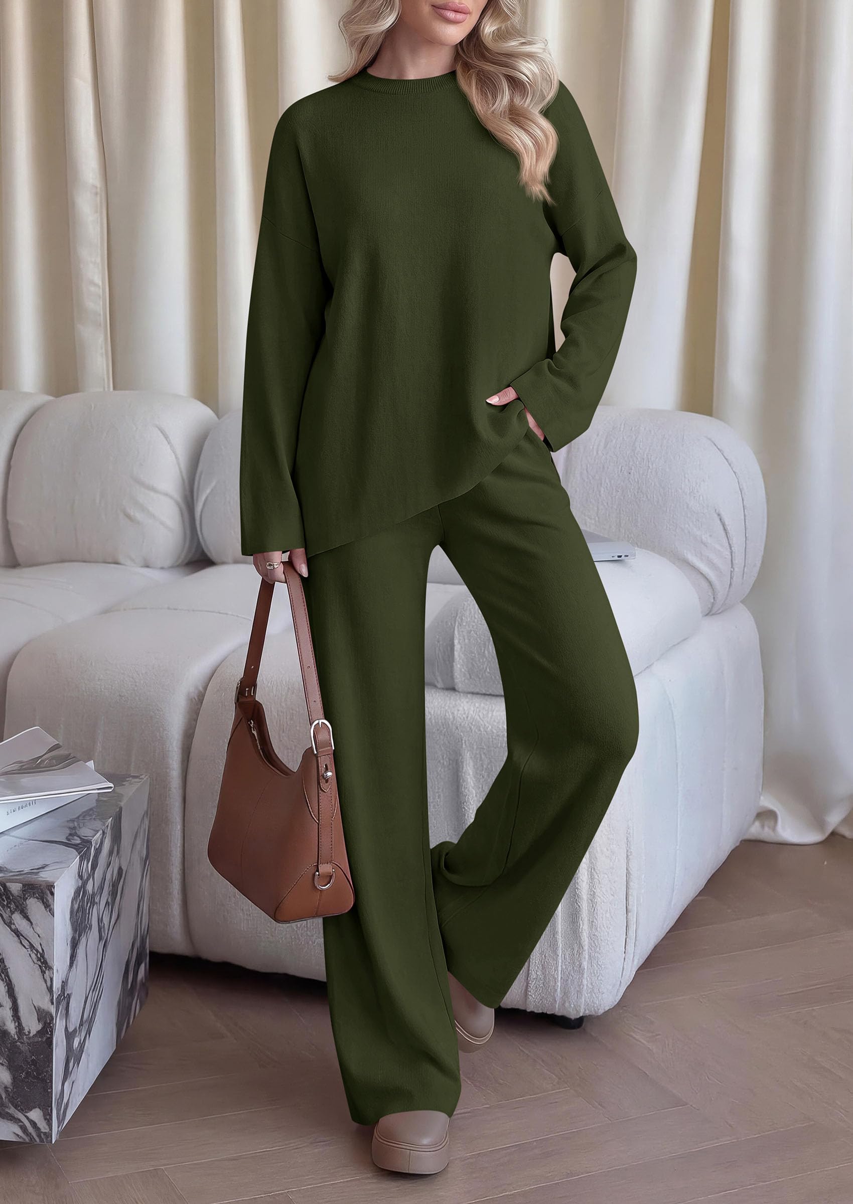 Womens Fall 2 Piece Asymmetric Cozy Sweater Travel Lounge Sets
