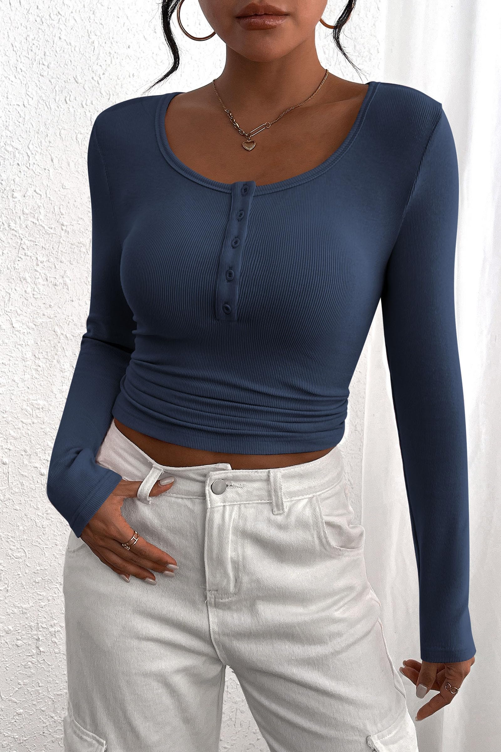 Women's Fall Long Sleeve Henley T Shirts Dark Blue