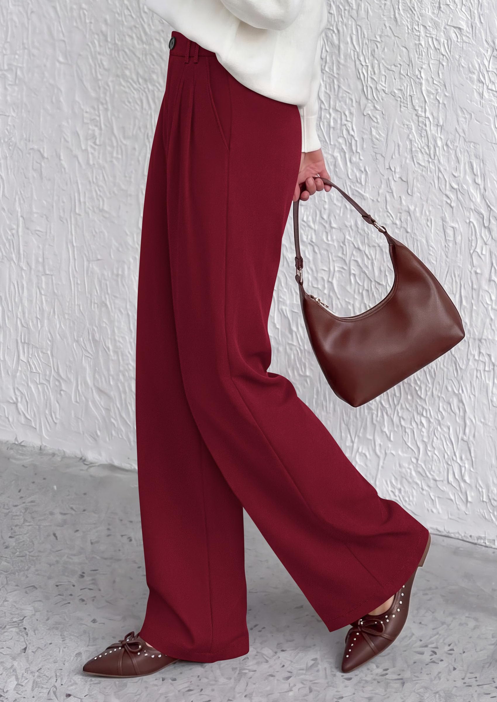 Women's Dress Pants Wide Leg Flowy Trousers,Burgundy,S