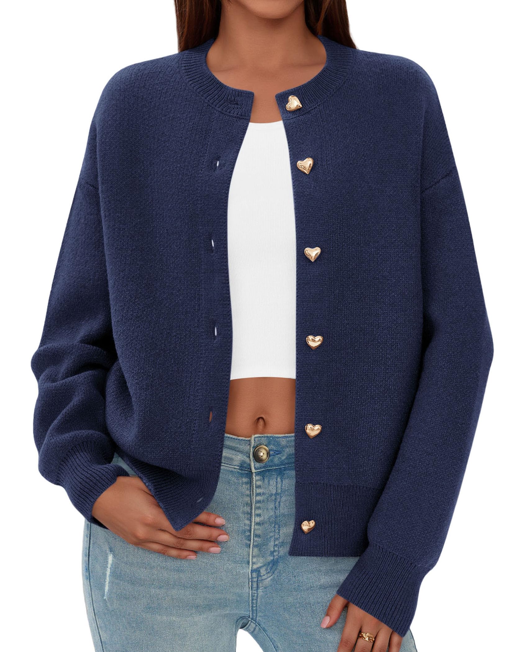 Women's Long Sleeve Button Up Cardigan,Navy,S