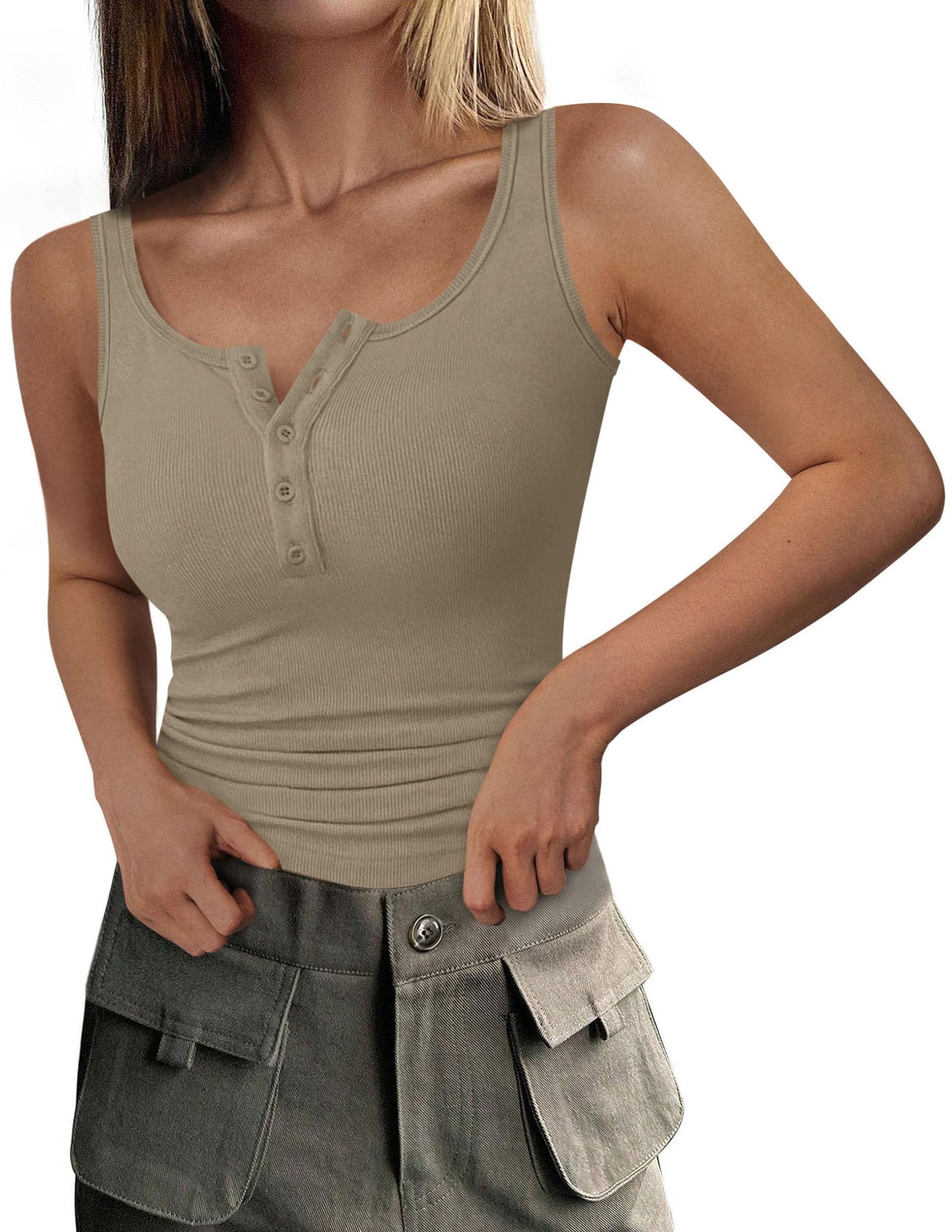 Womens Button Up Sleeveless Henley Tank Tops,Sage Green,S