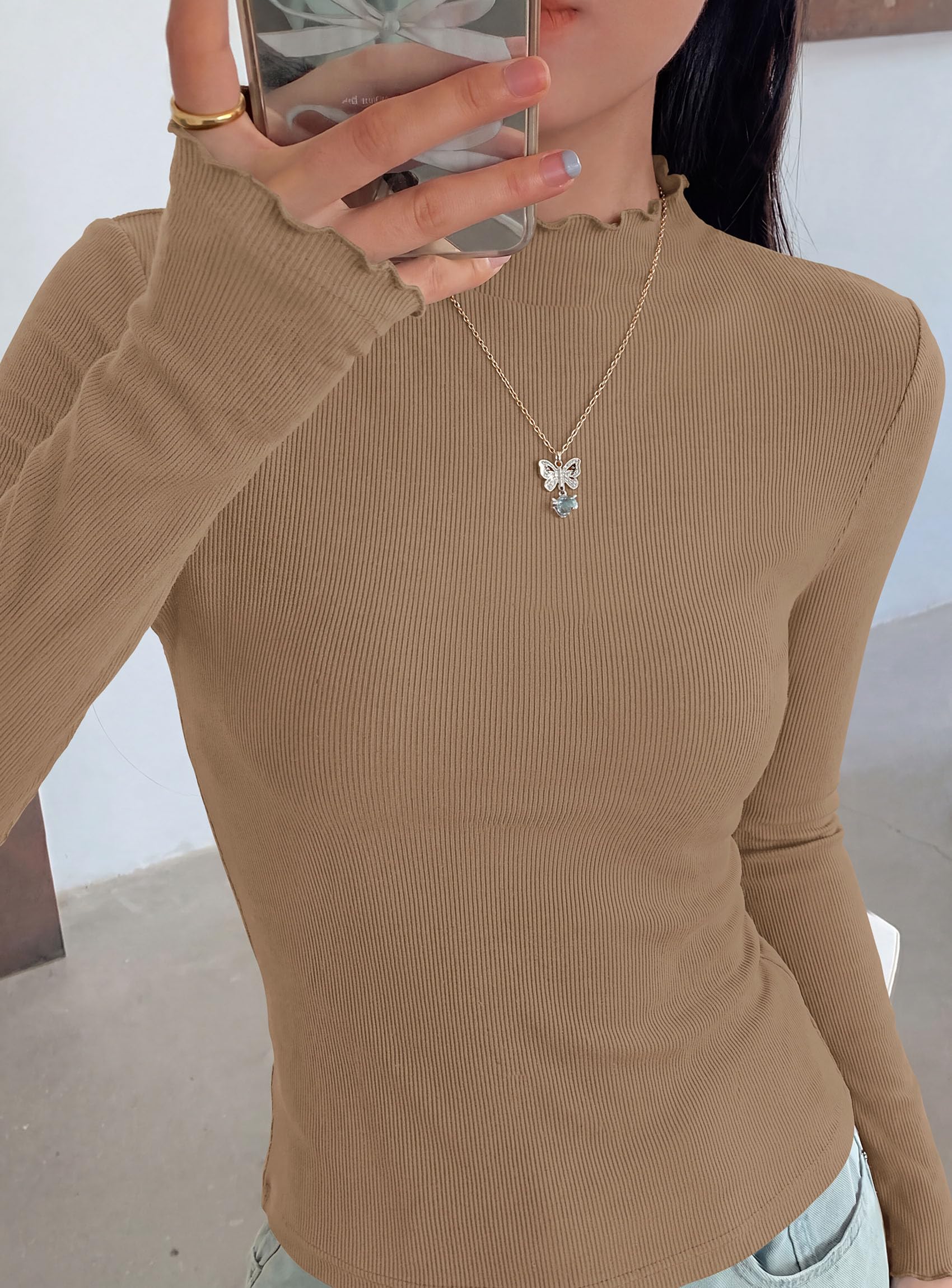 Women's Long Sleeve T Shirts Lettuce Trim Mock Neck Tops