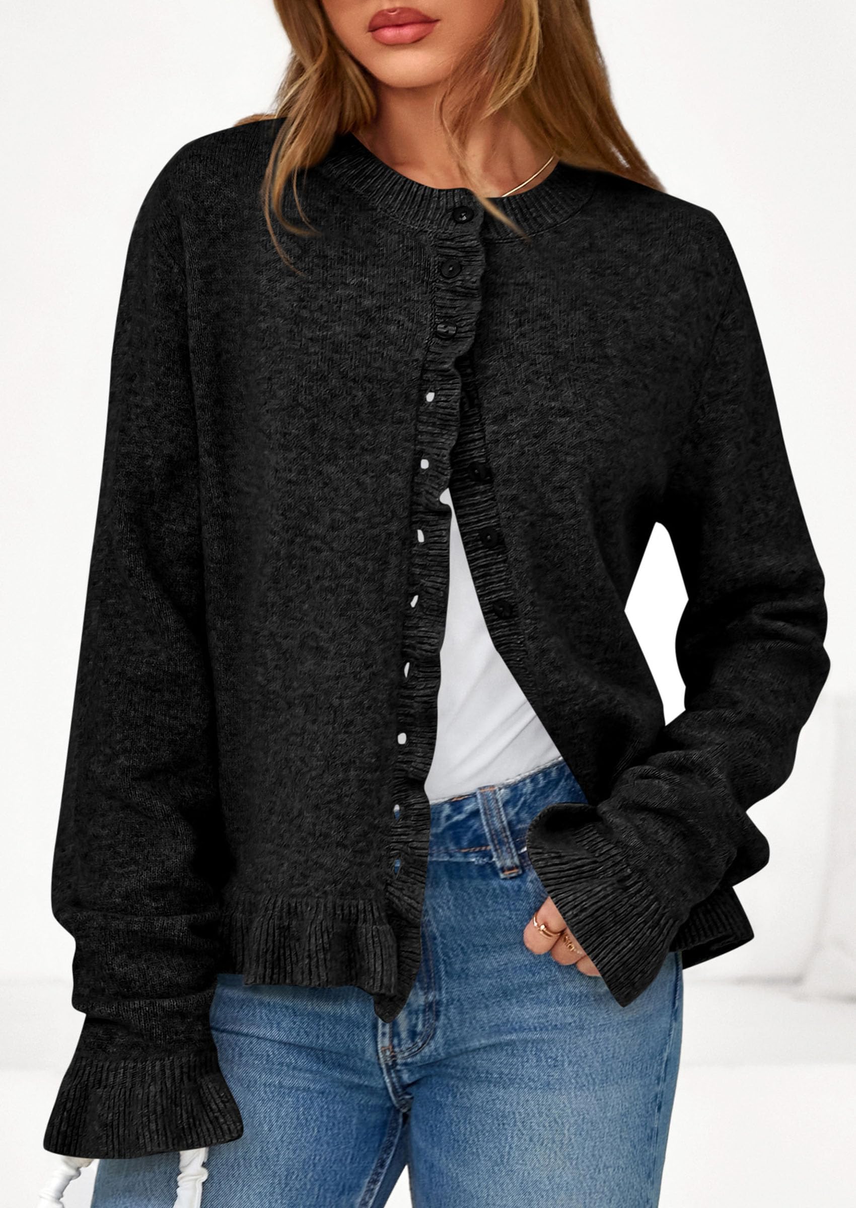 Womens Ruffle Button Down Cardigan Sweaters,Black,S