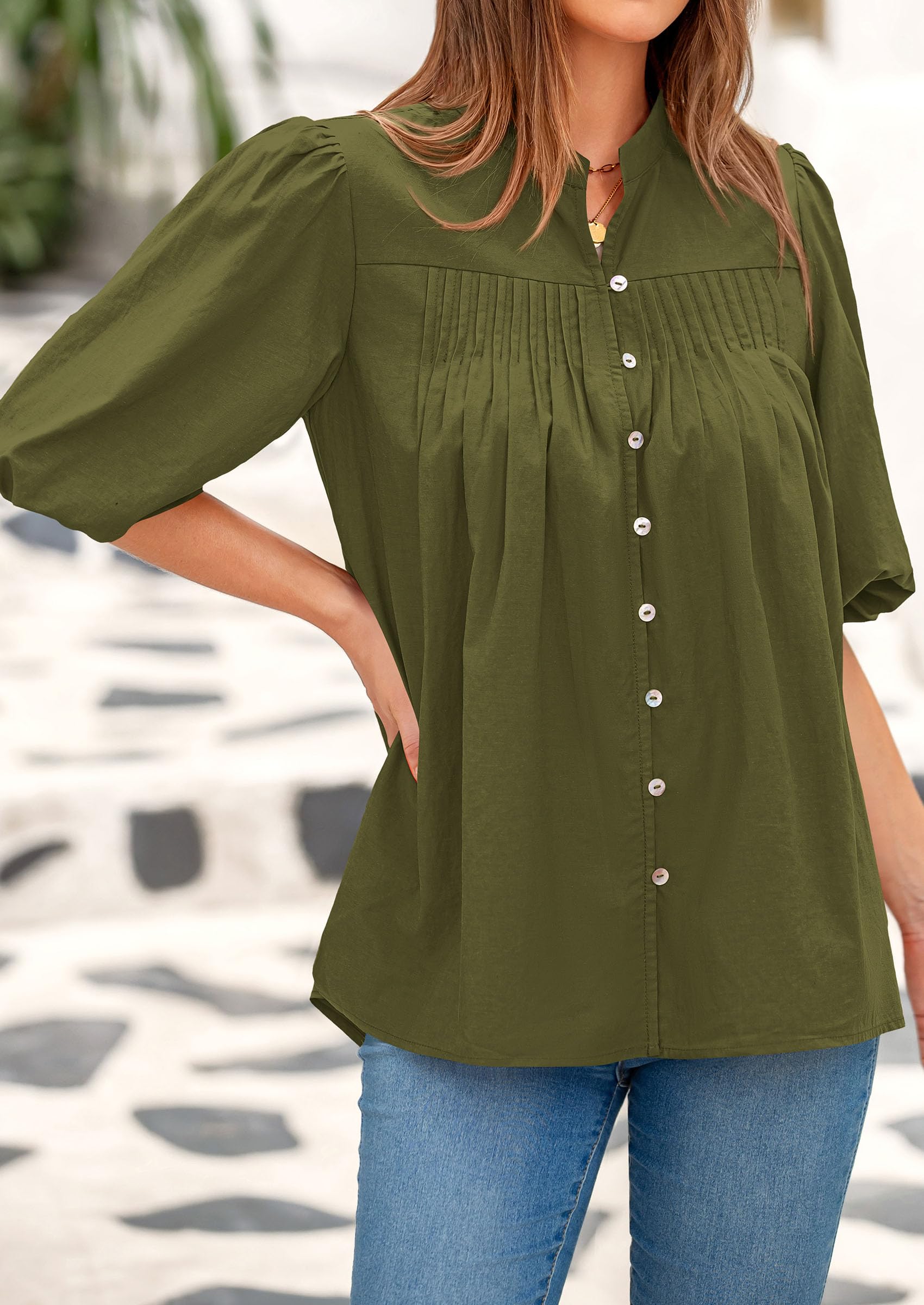 Short Sleeve Henley Shirts for Women,Army Green,S