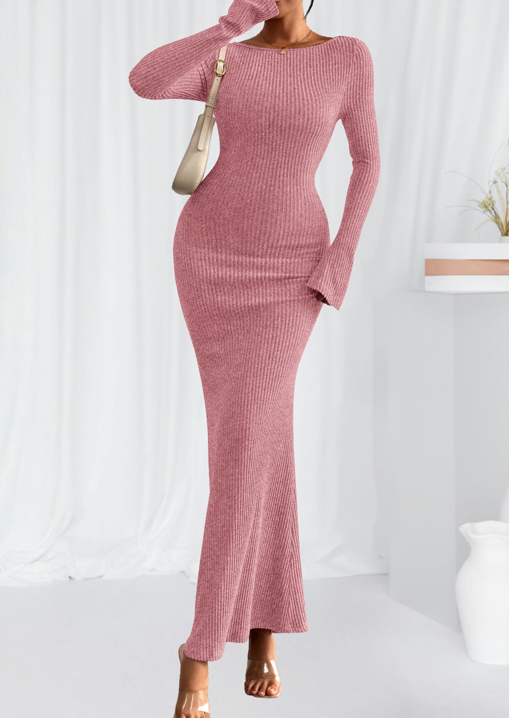 Women's Fall Long Sleeve Bodycon Maxi Dresses (Pink,XS)