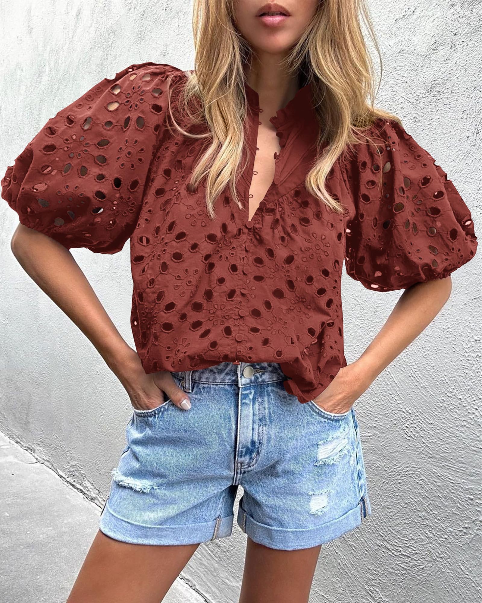 Womens Tops Boho Eyelet Puff Sleeve Blouse, Brown Red,S