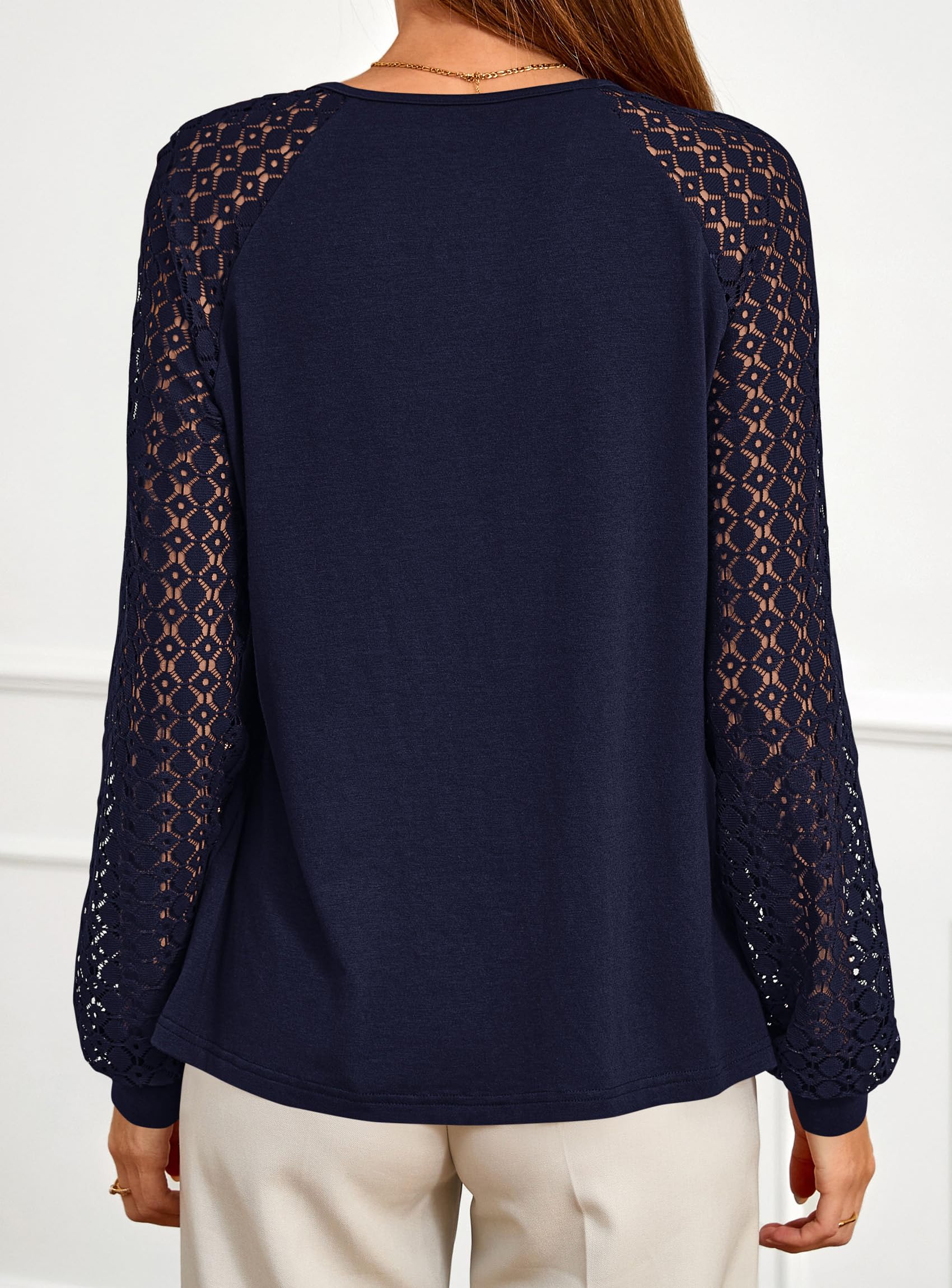 Women's Long Sleeve Shirts Fall Lace Tops,Navy Blue,S