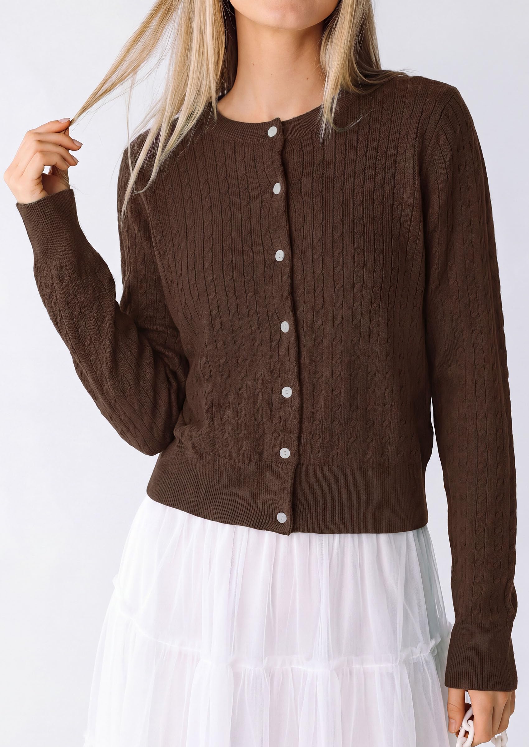 Women Fall Lightweight Cardigans Button Up Cable Knit Sweaters