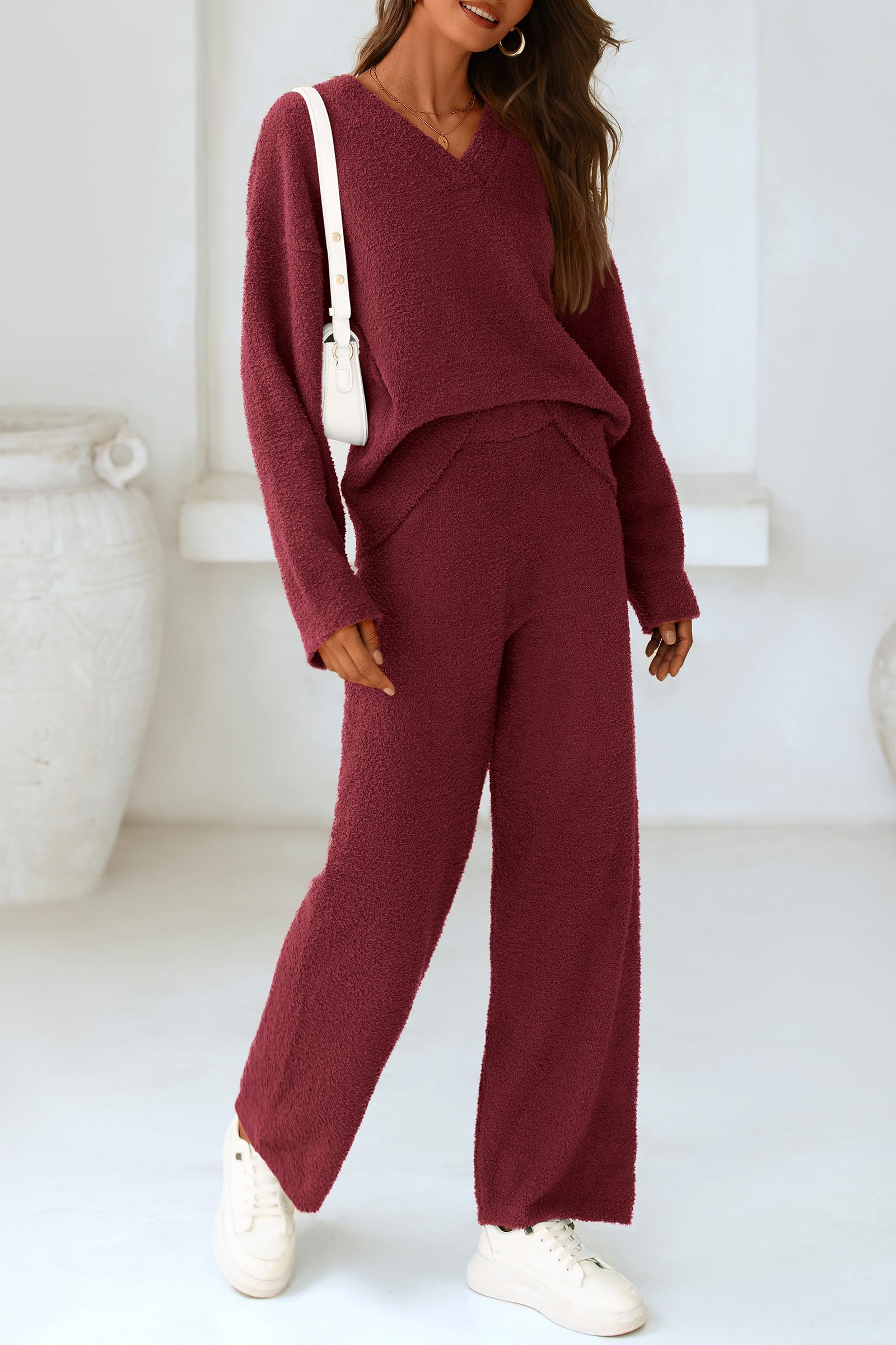Lounge Sets for Women Fall 2 Piece Fuzzy Sweater Pajama Set