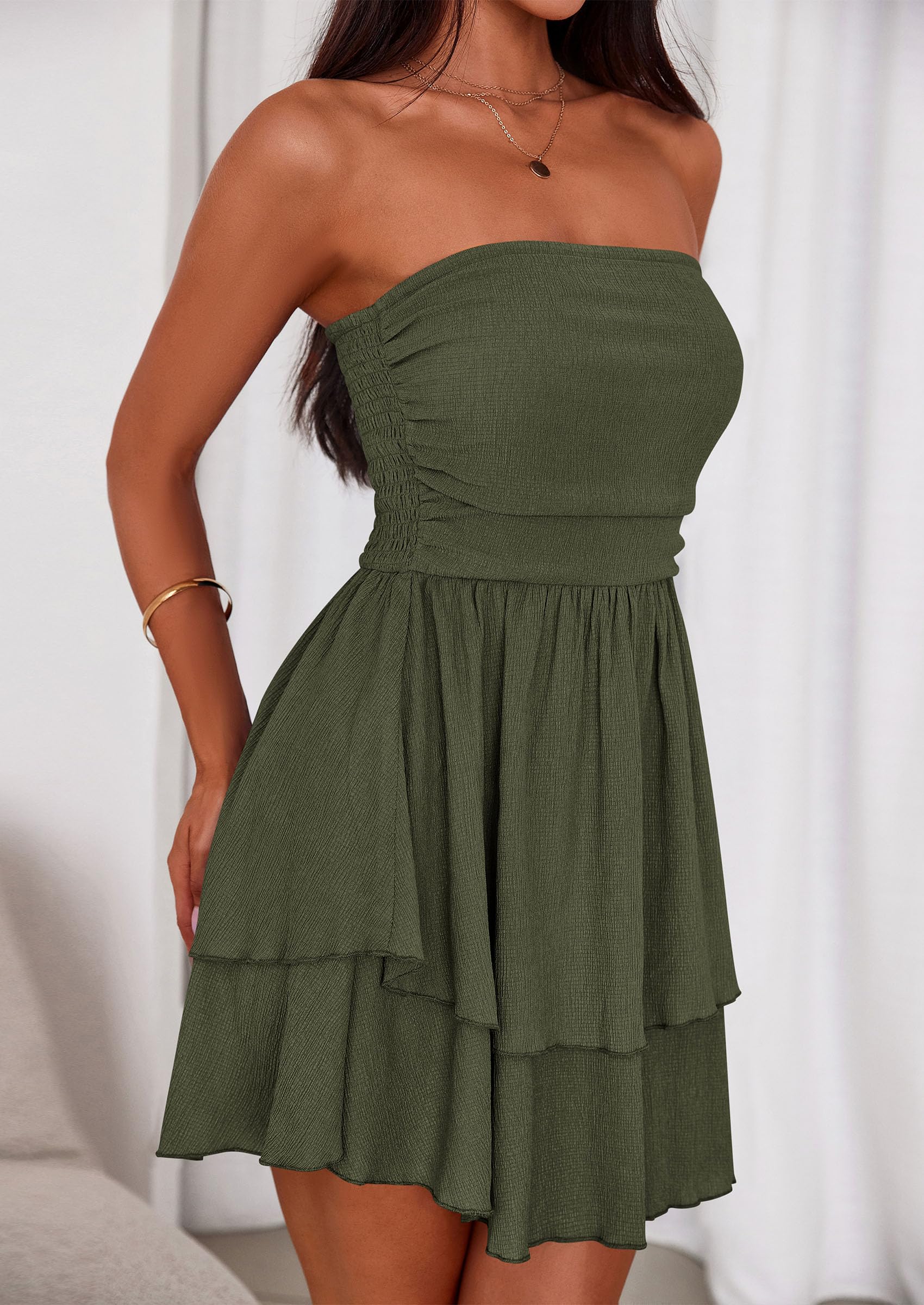 Women's Summer Strapless Flowy Mini Dresses (Army Green,S)
