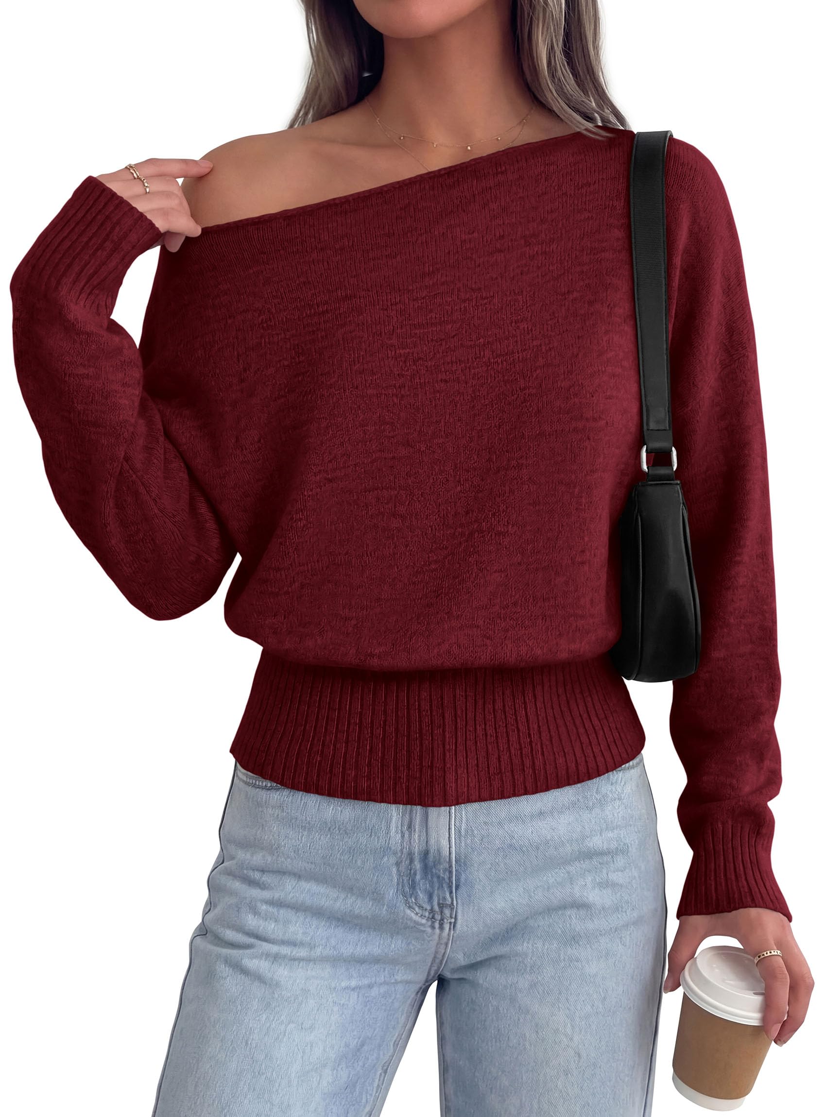 Womens Off The Shoulder Sweater Fall Fashion,Wine Red,S