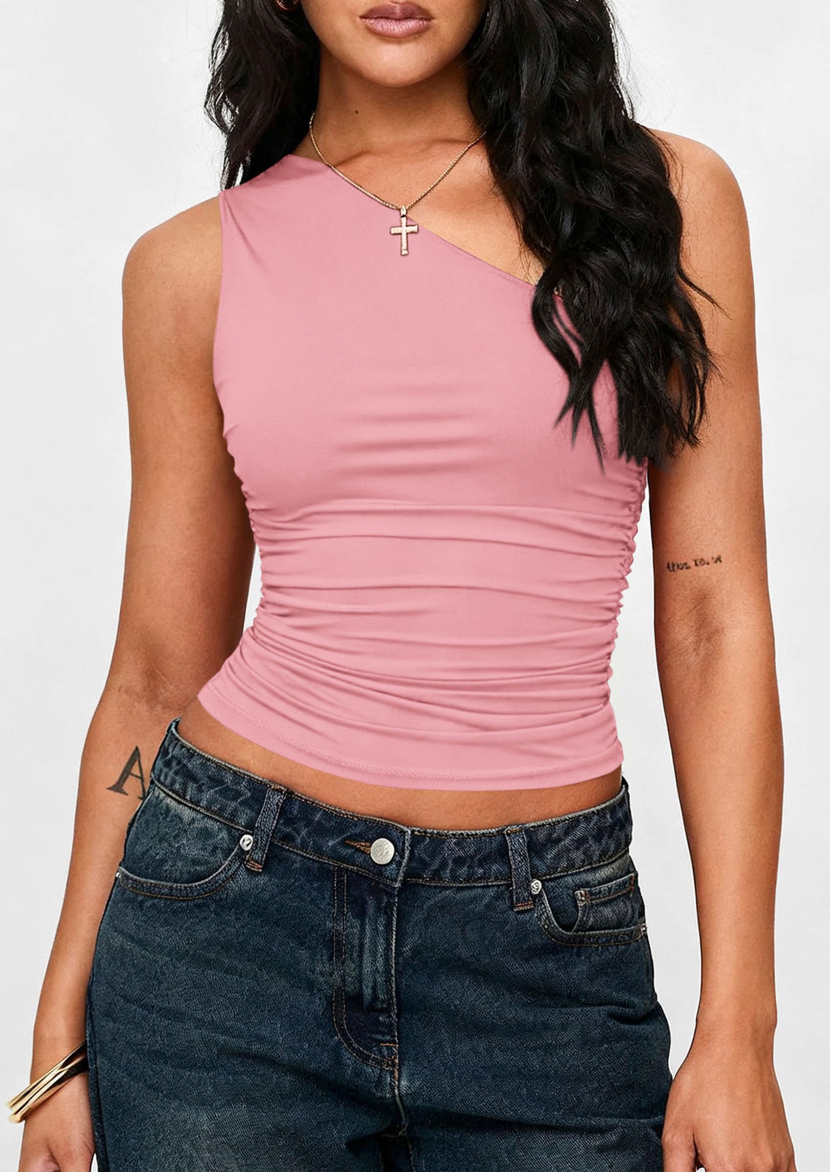 Womens Sleeveless One Shoulder Fitted Y2k Tops,Pink,XS