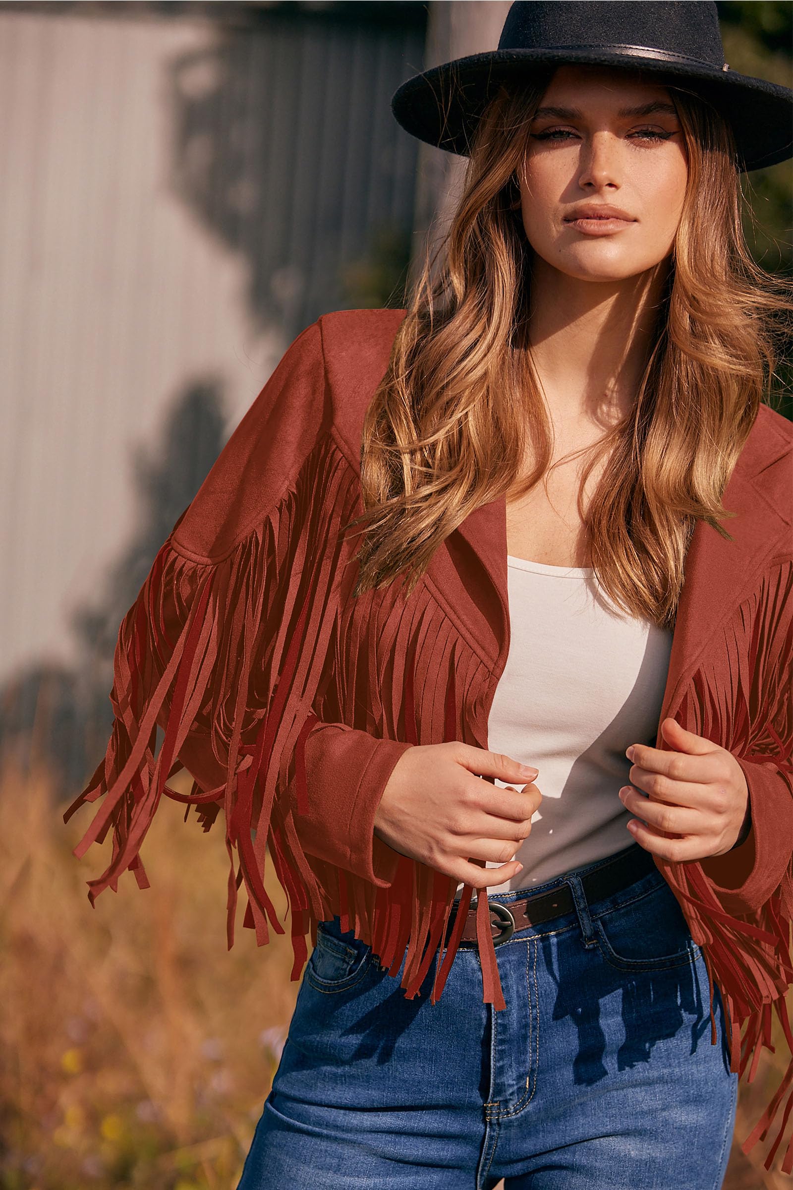 Women's Fringe Faux Suede Leather Jackets,Brick Red,S