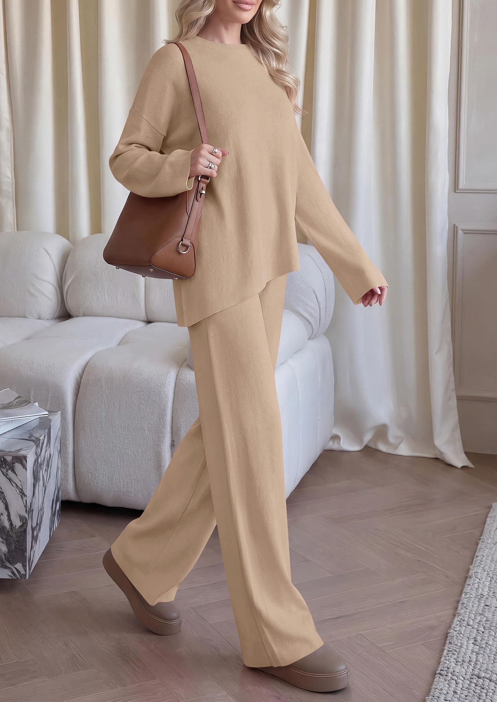 Womens Fall 2 Piece Asymmetric Cozy Sweater Travel Lounge Sets