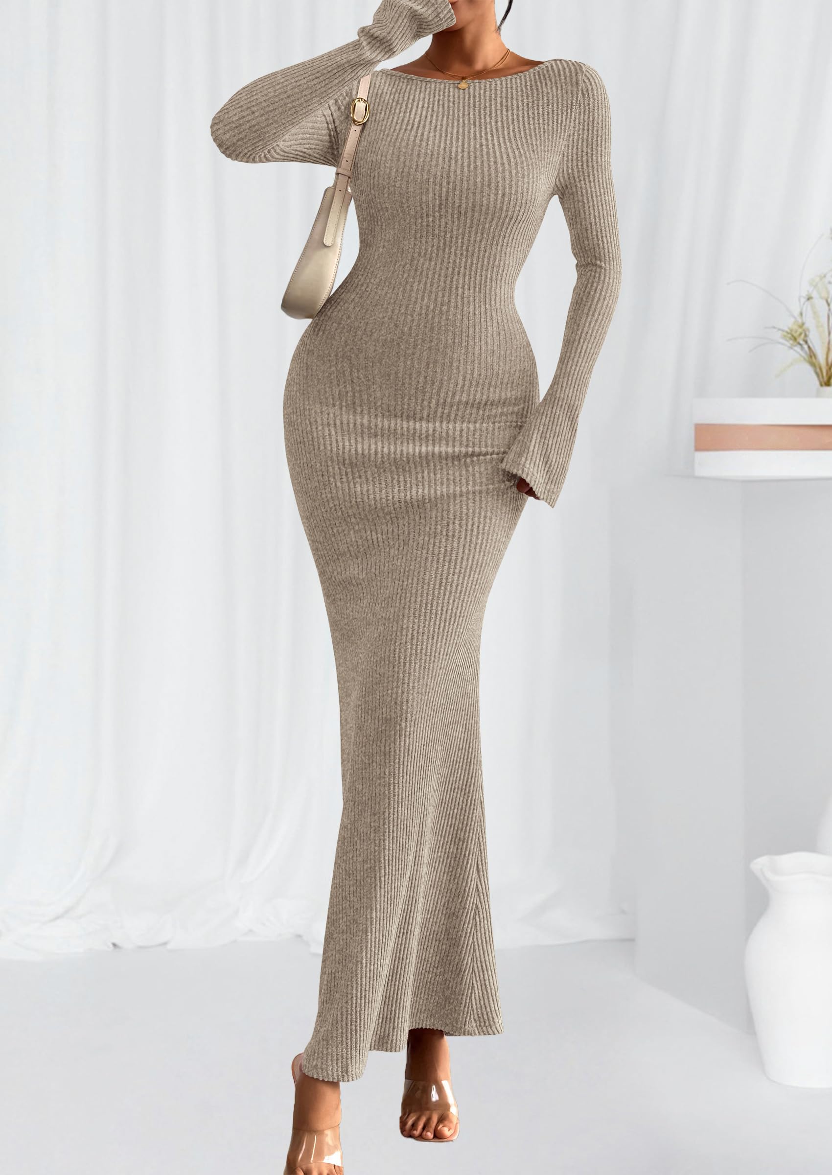 Women's Fall Long Sleeve Bodycon Maxi Dresses (Apricot,XS)