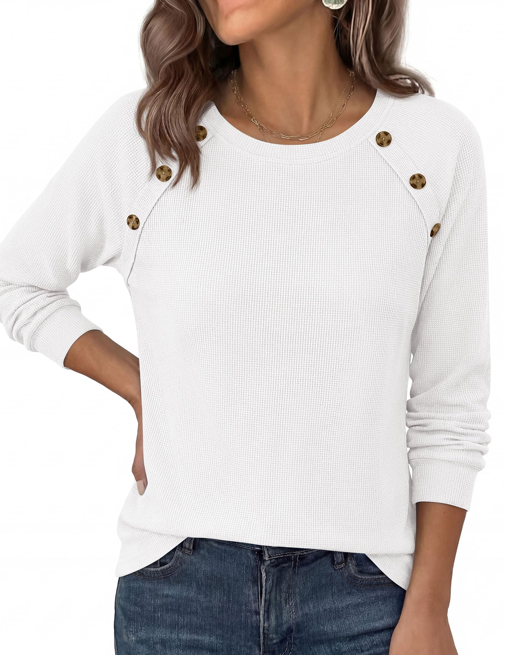 Fall Long Sleeve Waffle Knit Shirts for Women Loose Tunic Tops
