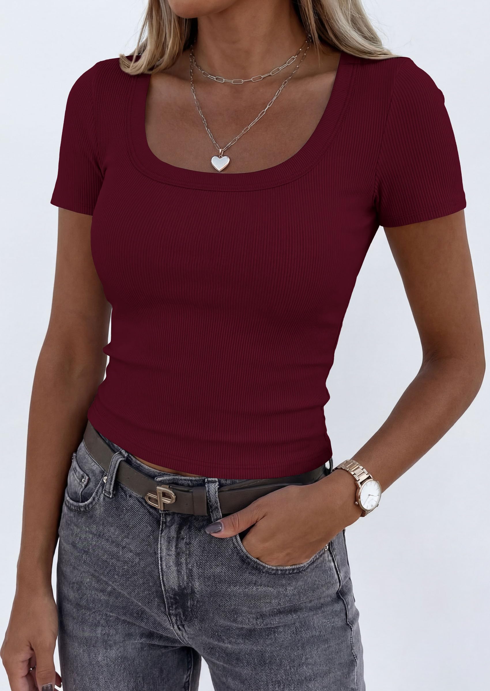 Womens Summer Short Sleeve Scoop Neck Tops,Burgundy,S