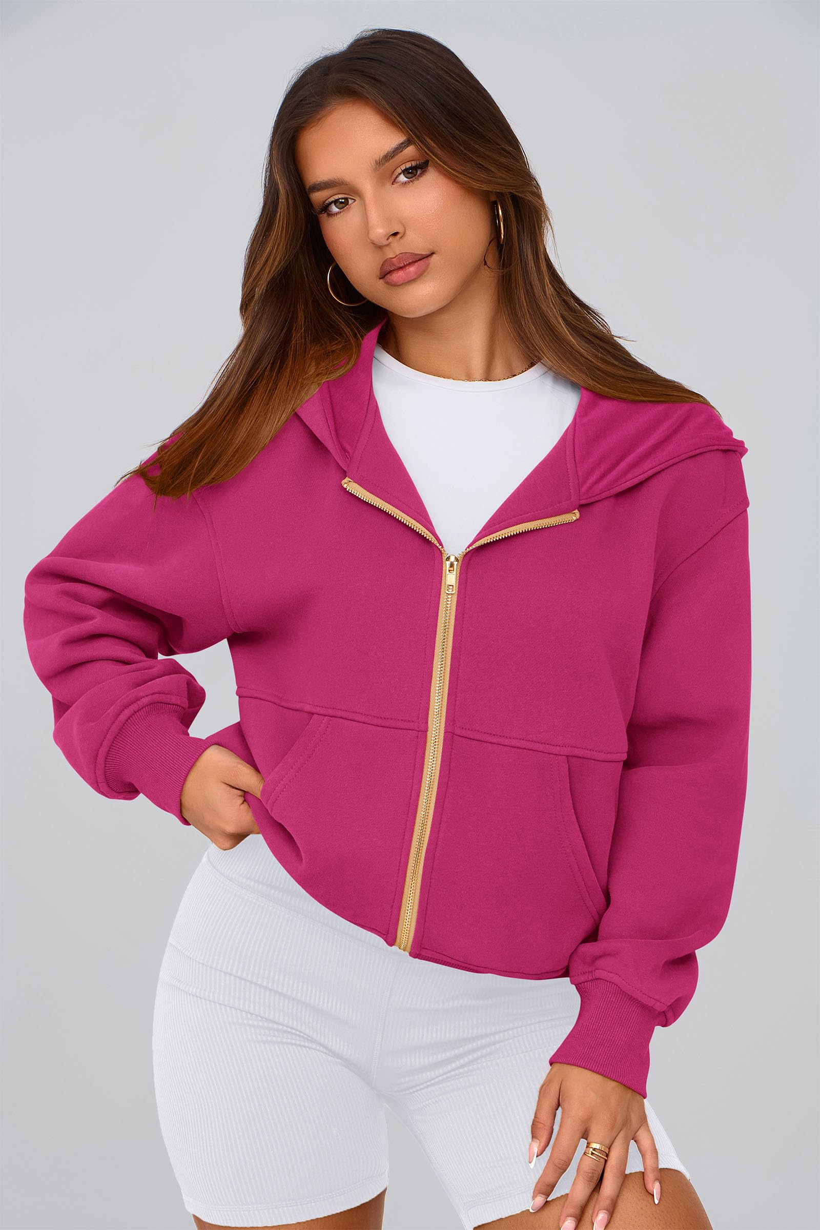 Hoodies for Women Fall Fashion Zip Up Fleece Plain Sweatshirt