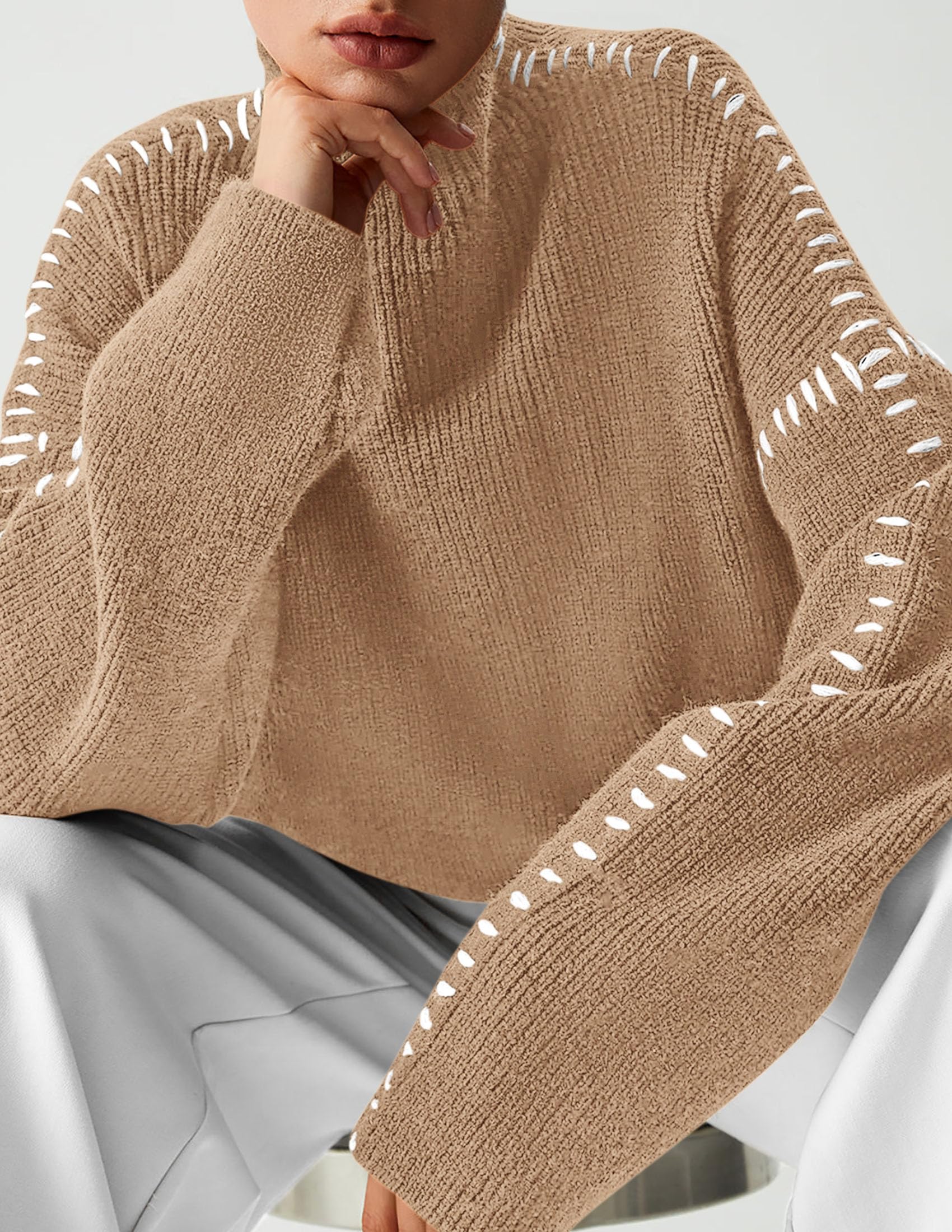 Womens Chunky Knit Oversized Pullover Sweaters,Light Khaki,S