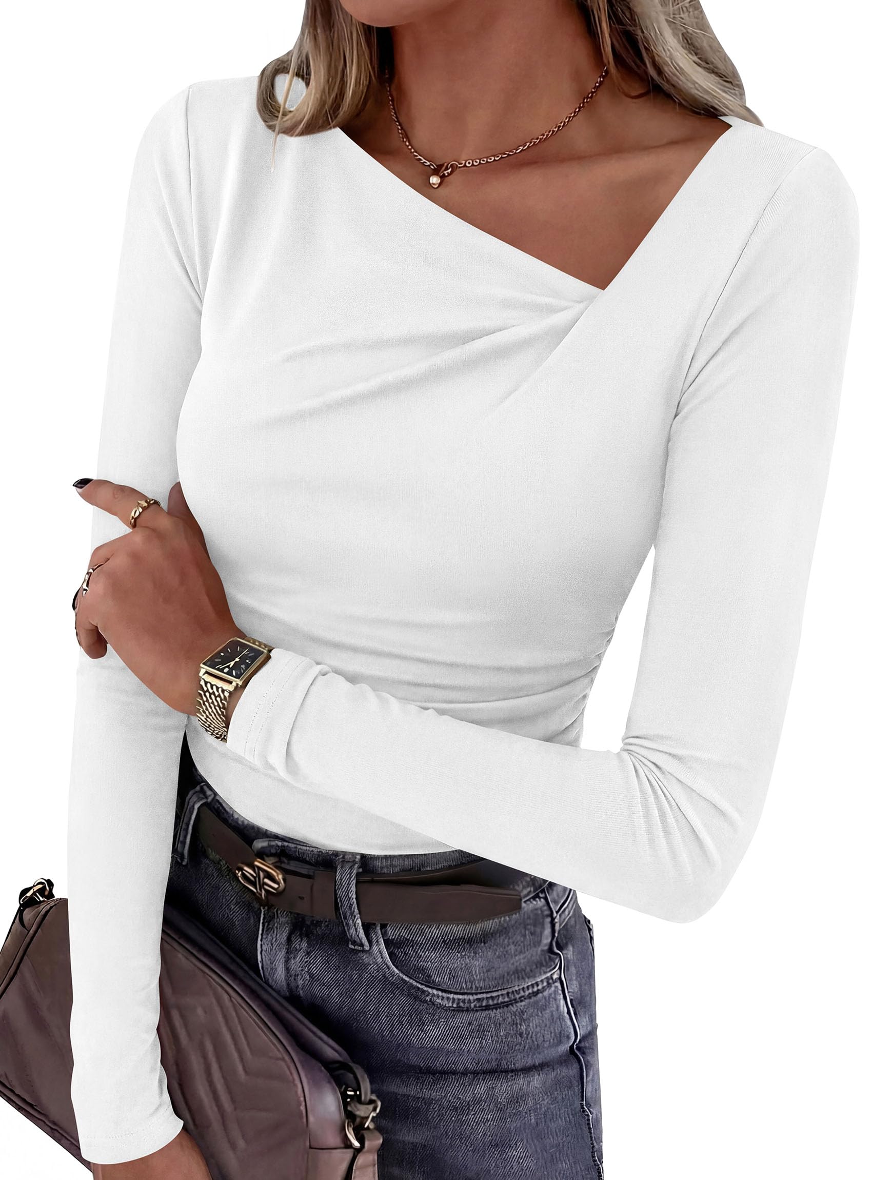 Women Long Sleeve Shirts Asymmetrical Y2K Fall Tops White S