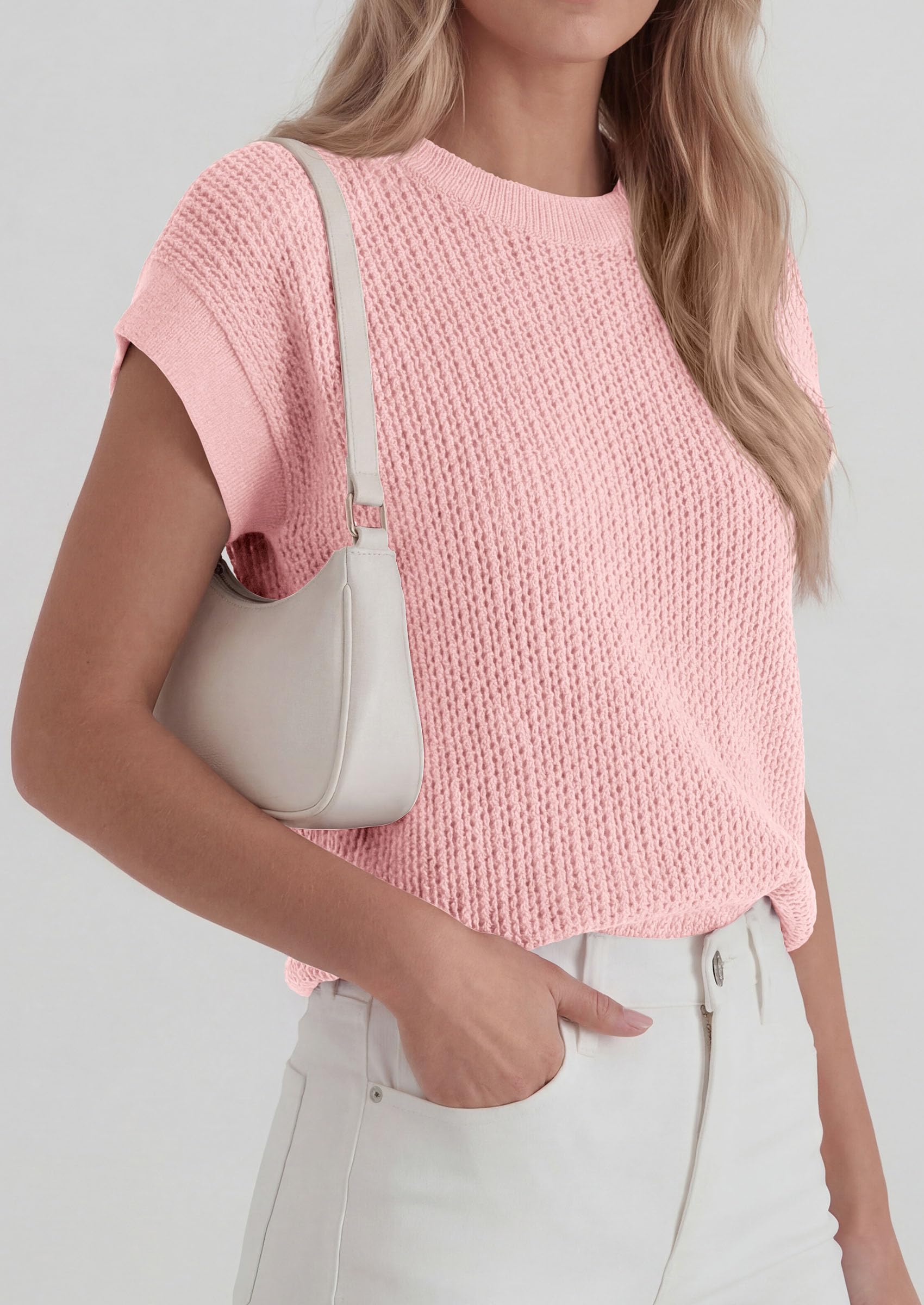 Women's Summer Sweater Vest Crochet Tops (Pink,S)
