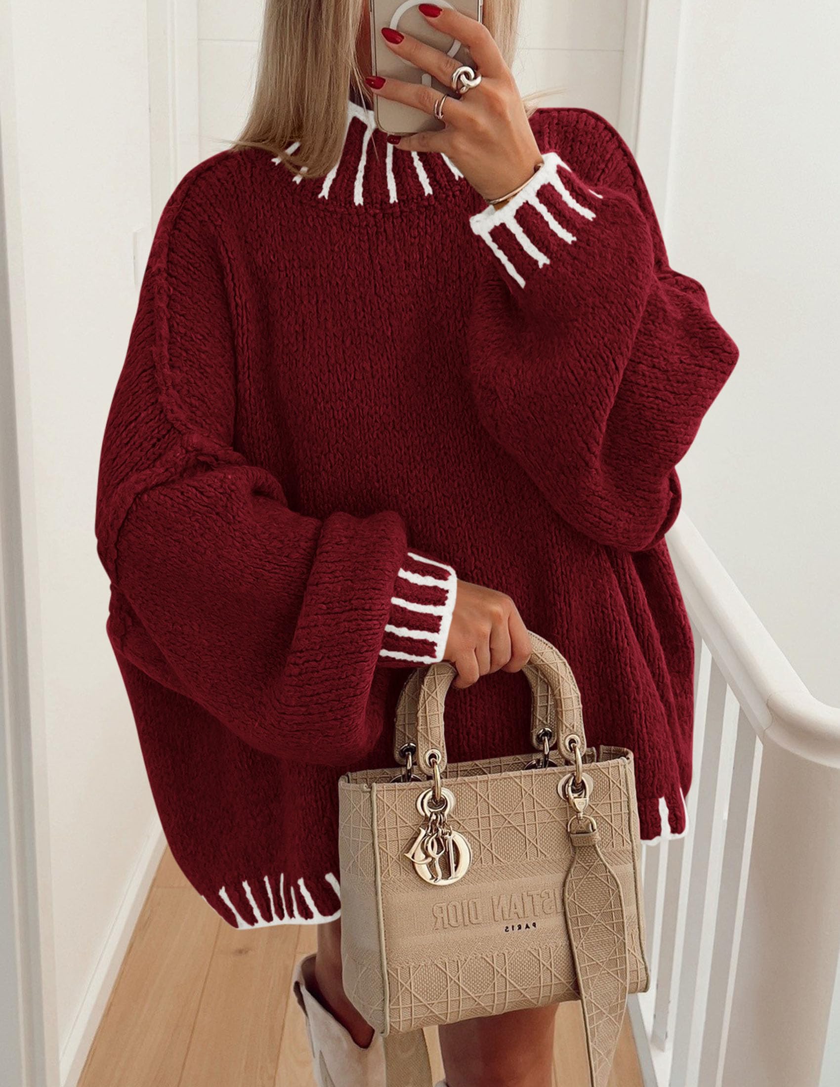 Women's Mock Neck Oversized Pullover Sweaters,Wine Red,XS