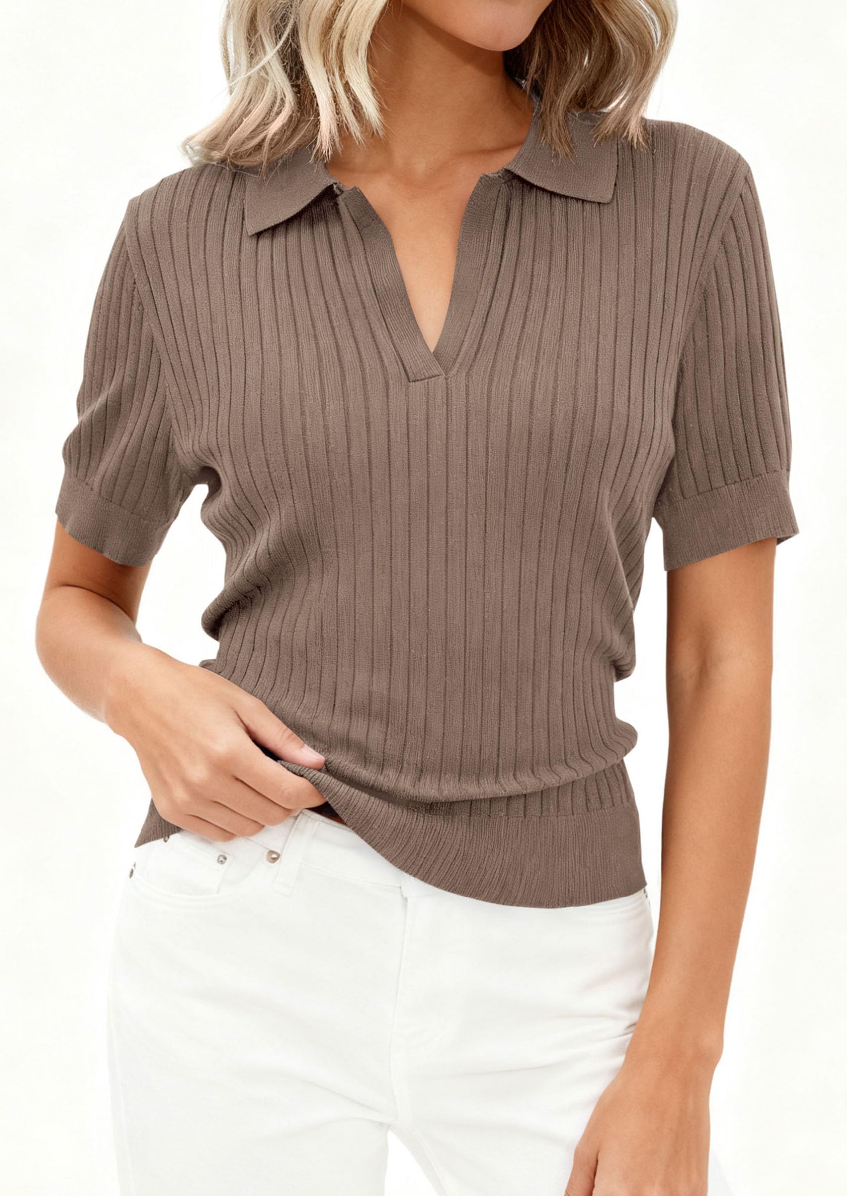 Women's Short Sleeve Sweater Polo Shirts,Dark Khaki,XS