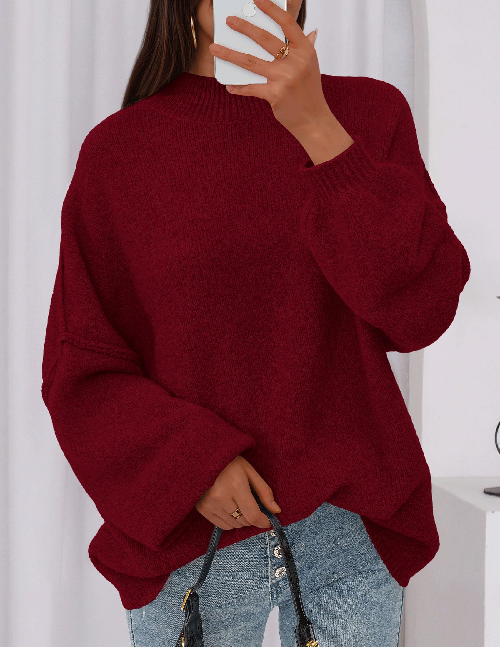 Women's Oversized Sweaters Fall Clothes (Burgundy,S)