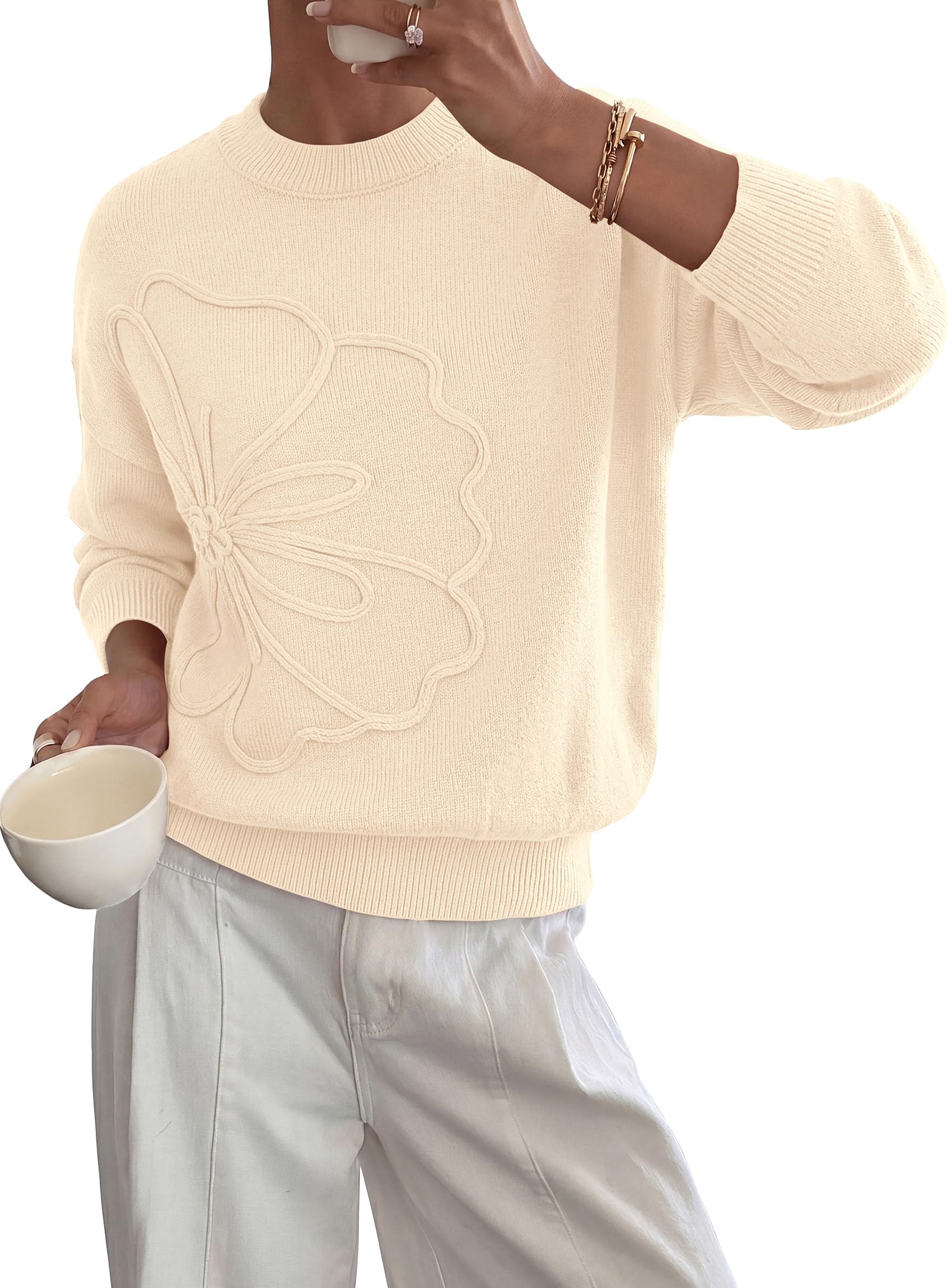 Womens Sweaters Floral Long Sleeve Knit Tops,Beige,S