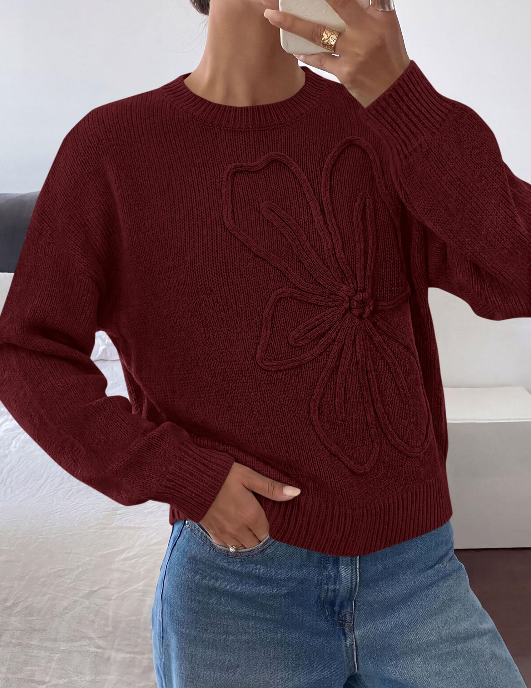 Women's Oversized 3D Floral Knit Sweater,Dark Brown,S