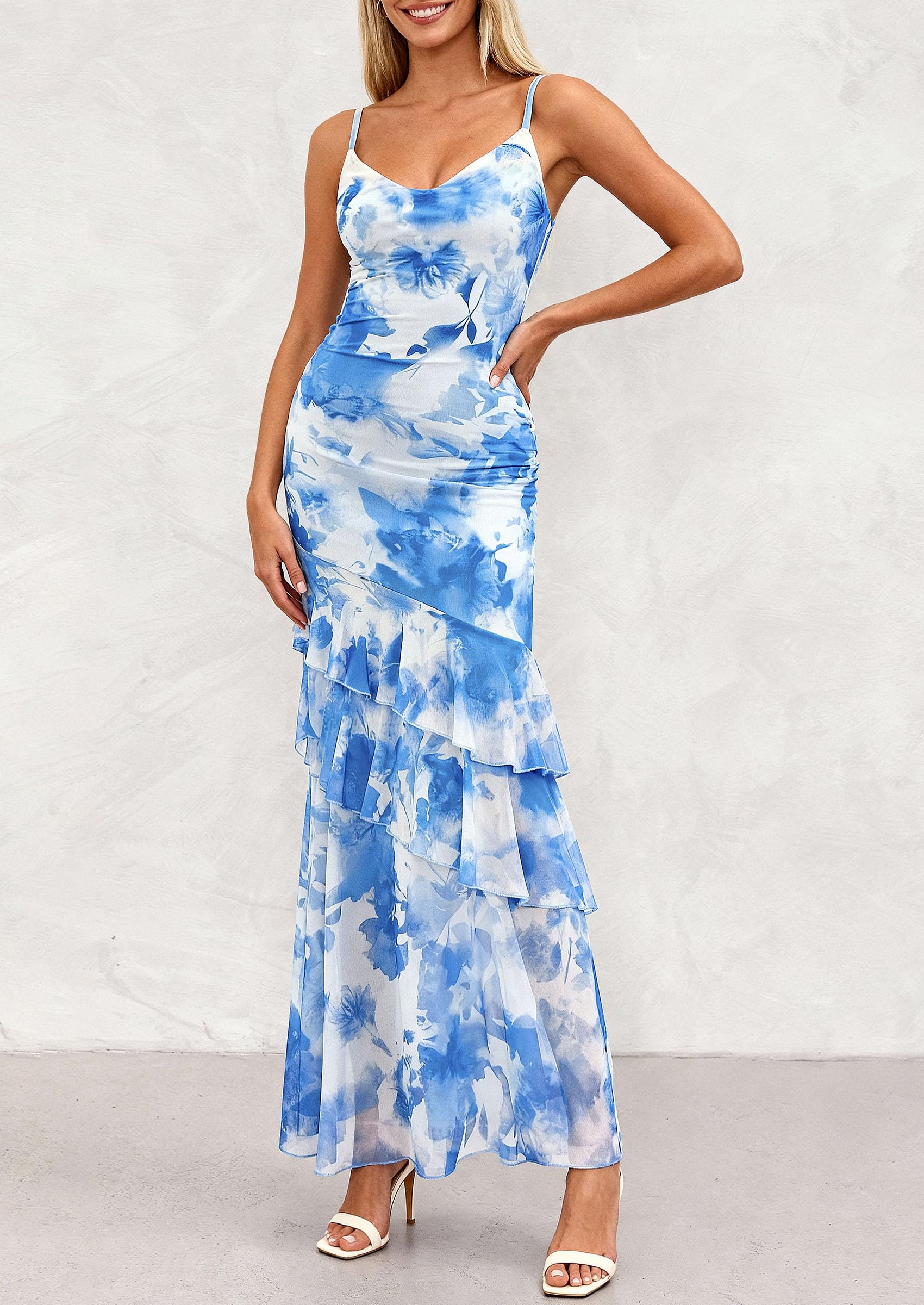 Women's Boho Floral Tiered Maxi Dress, Blue,XS