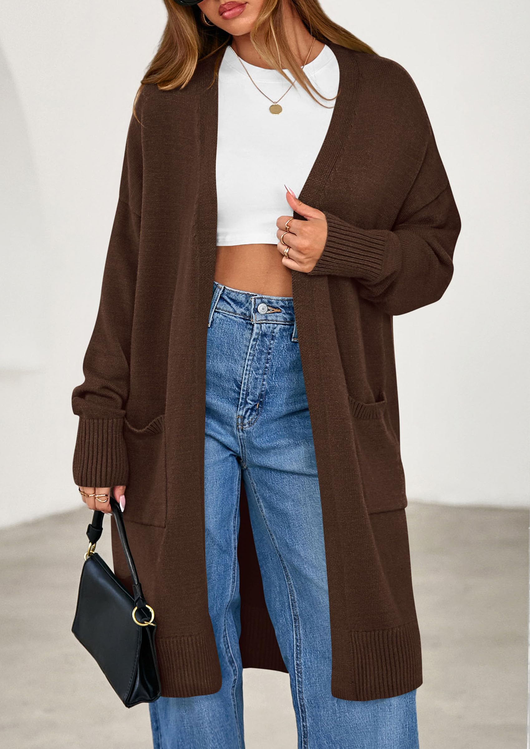 Women's Oversized Open Front Long Knit Cardigan,Brown,S