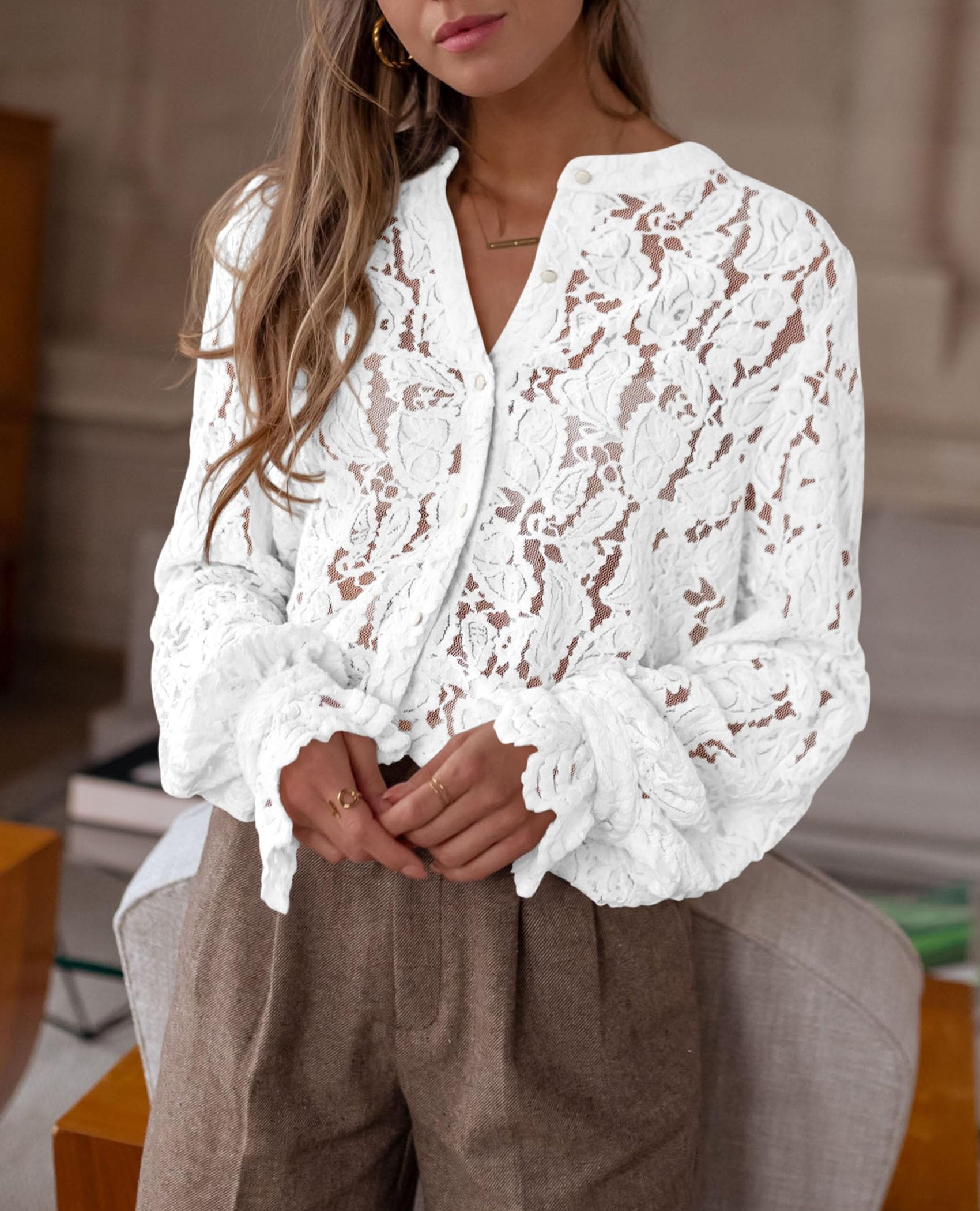 Women's Fall Trendy Long Sleeve Lace Tops(White,X-Large)