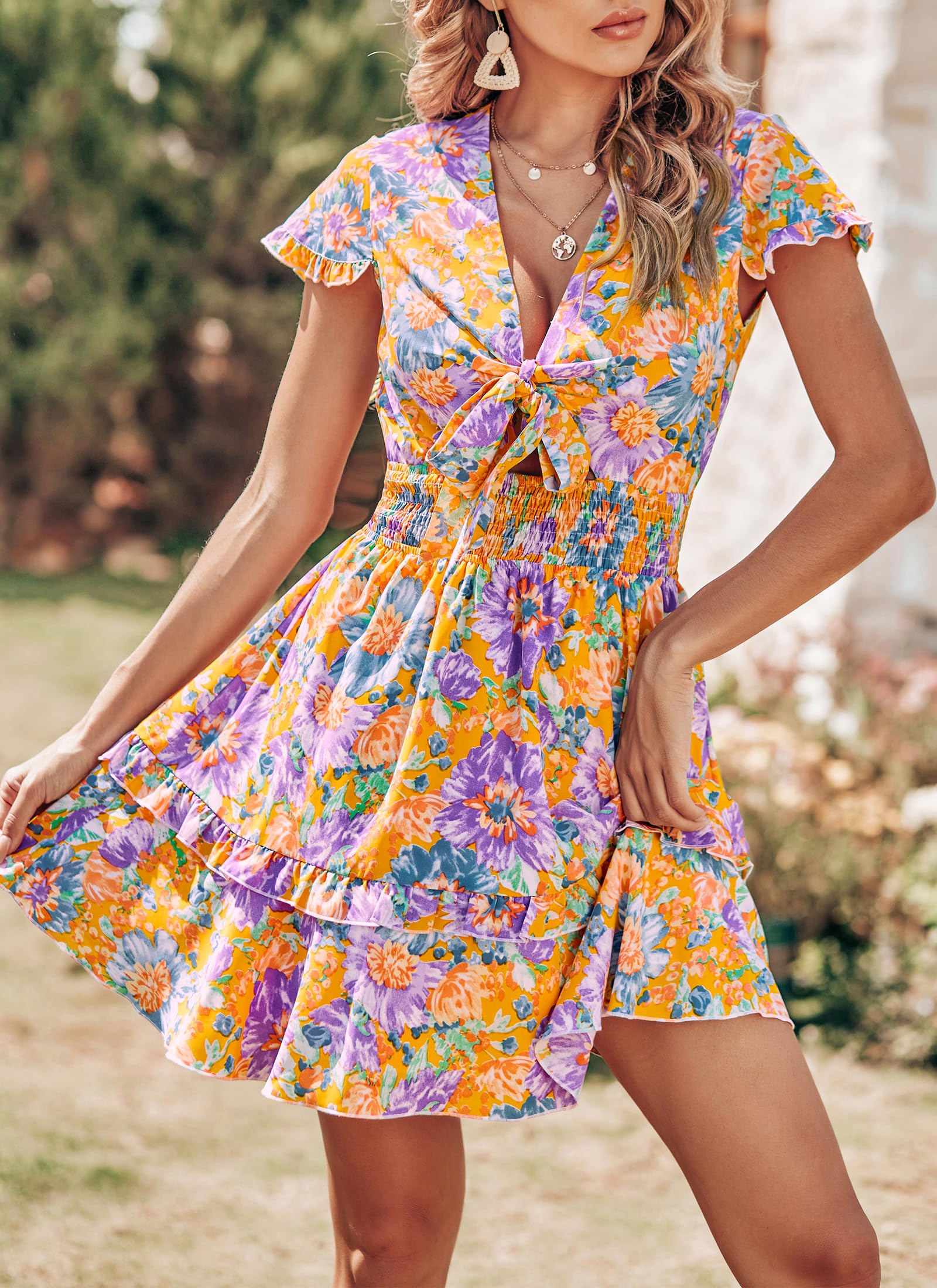 Women's Boho Floral Mini Tiered Bow Dress, Floral Orange,M