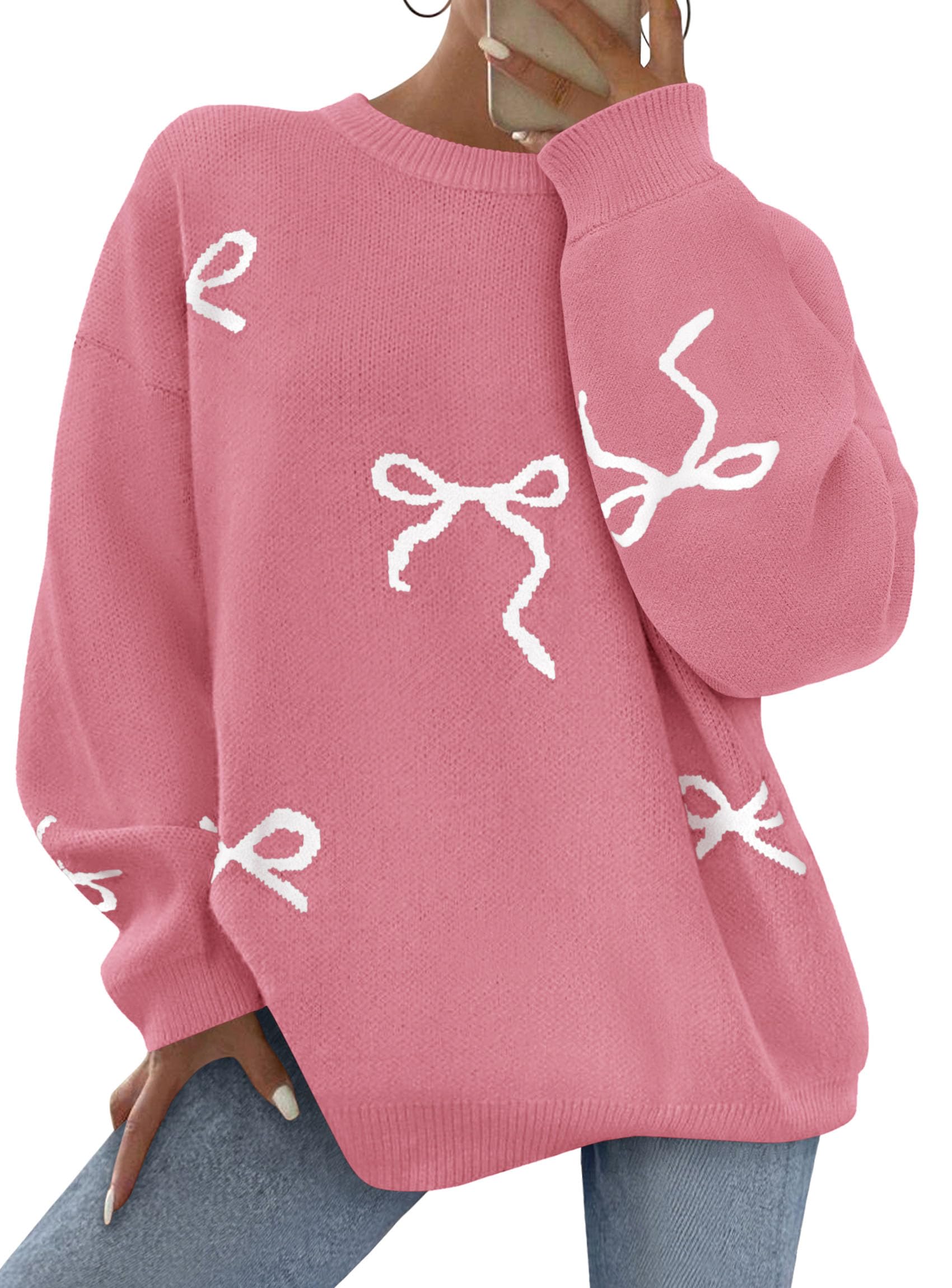 Fall Long Sleeve Pullover Sweaters for Women 2026 Trendy Crewneck Casual Cute Bow Chunky Knit Oversized Sweater (Dusty Pink,Small)