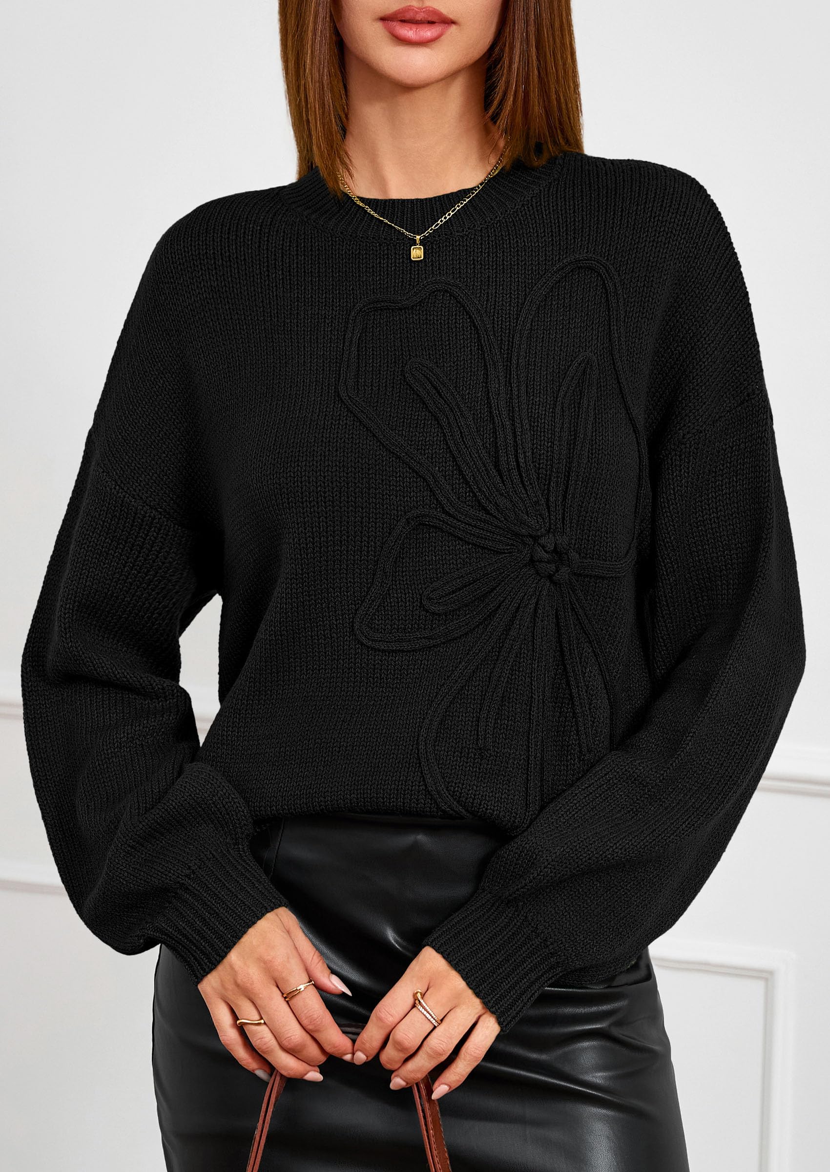 Women's Oversized 3D Floral Knit Sweater,Black,S