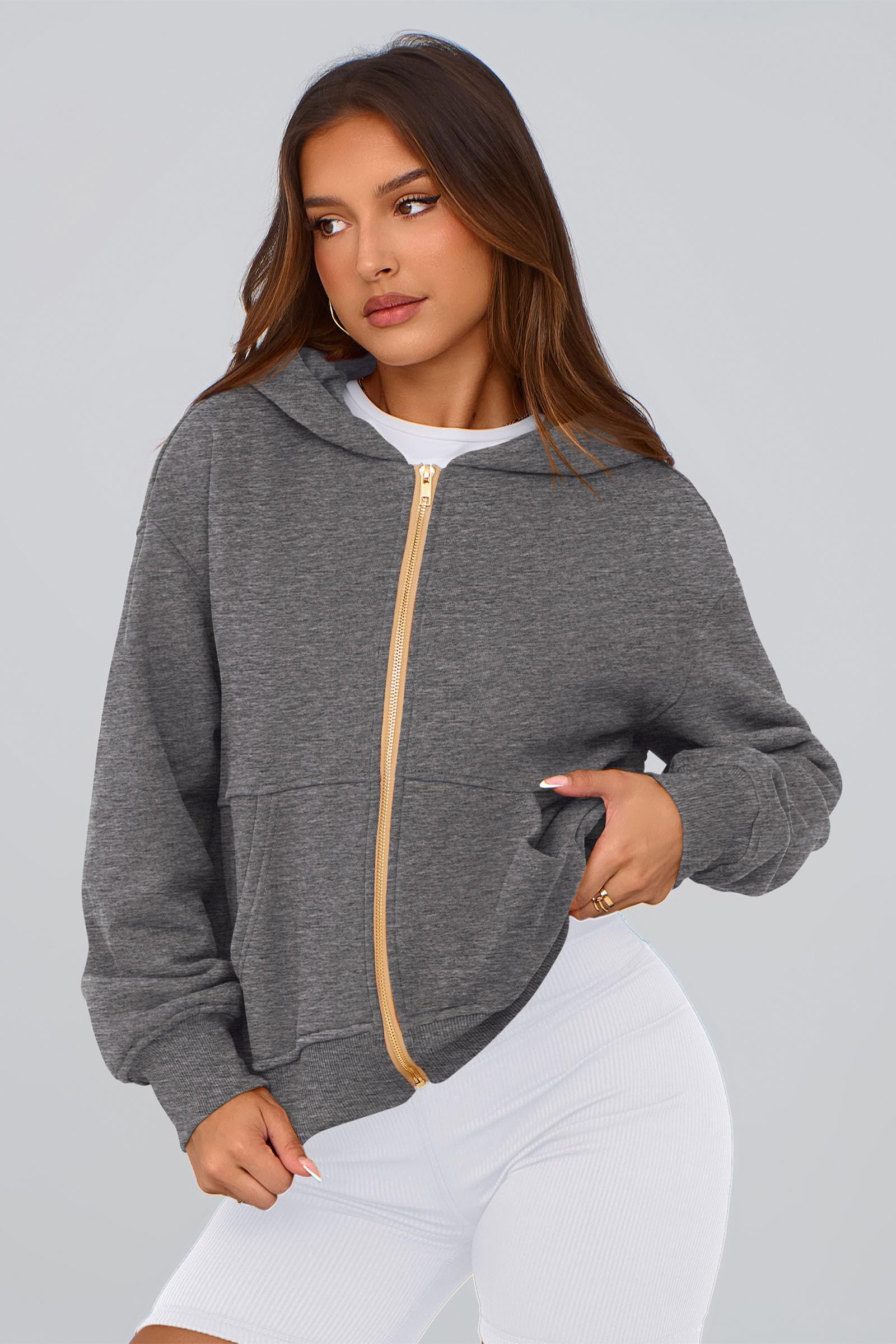 Hoodies for Women Fall Fashion Zip Up Fleece Plain Sweatshirt