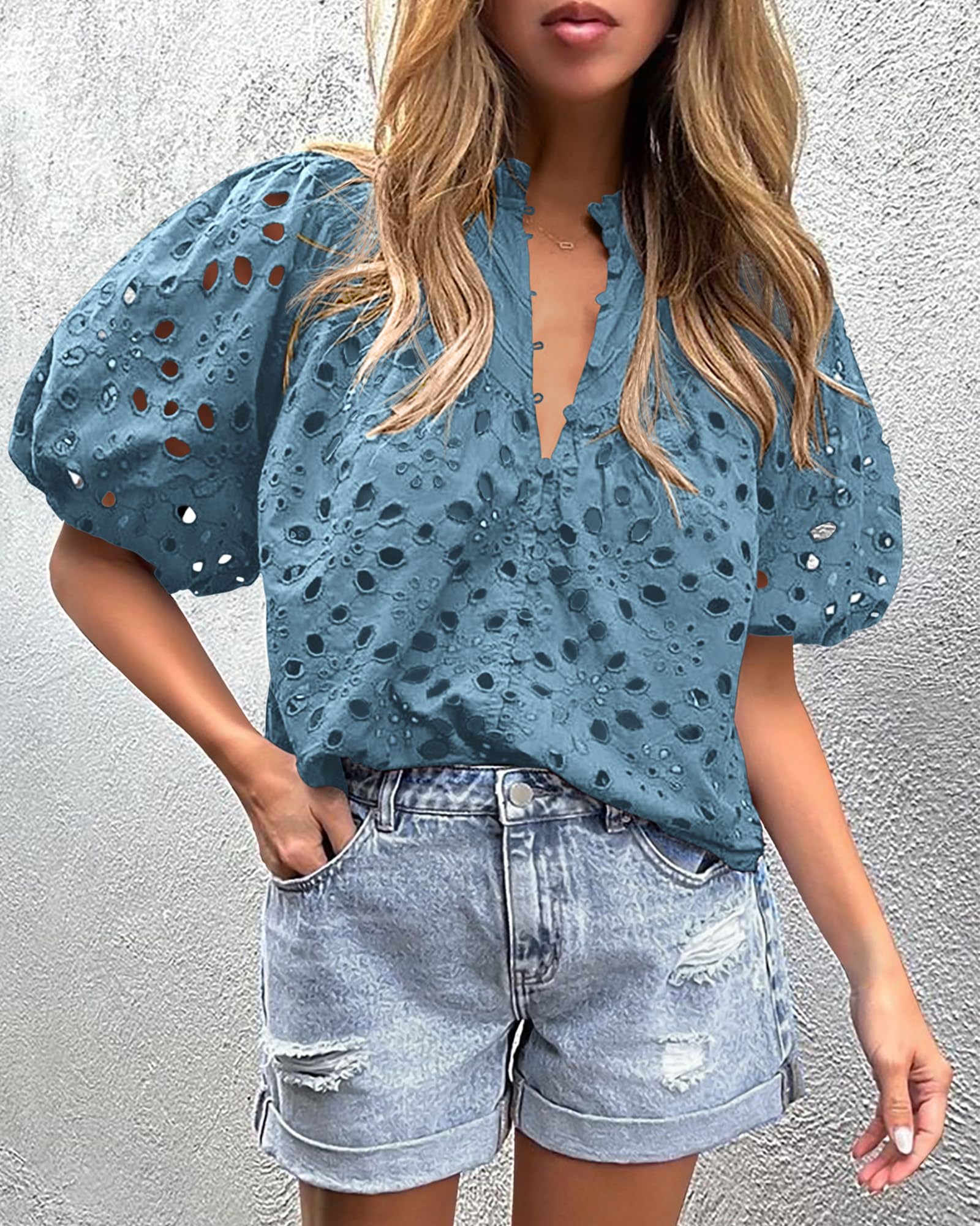 Womens Tops Boho Eyelet Puff Sleeve Blouse, Grey Blue,S