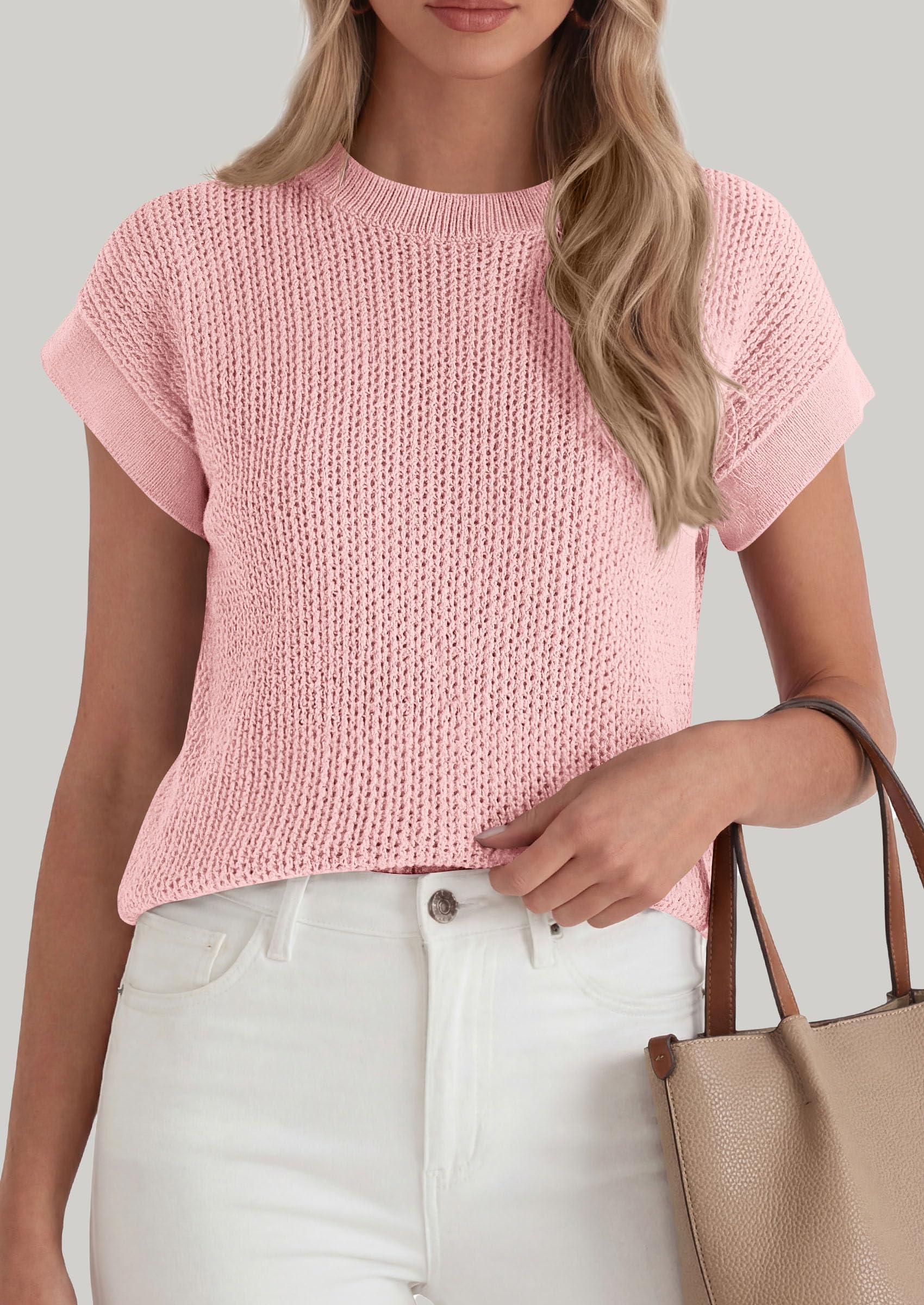 Women's Summer Sweater Vest Crochet Tops (Pink,S)
