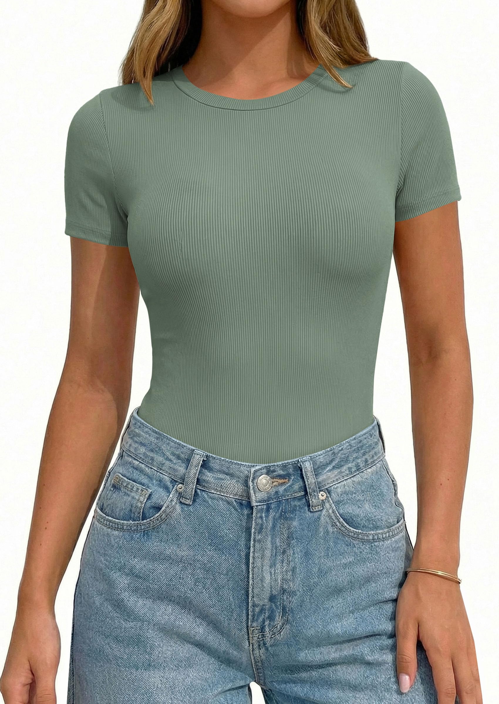 Body Suits for Womens Short Sleeve Summer Tops, Sage Green,S