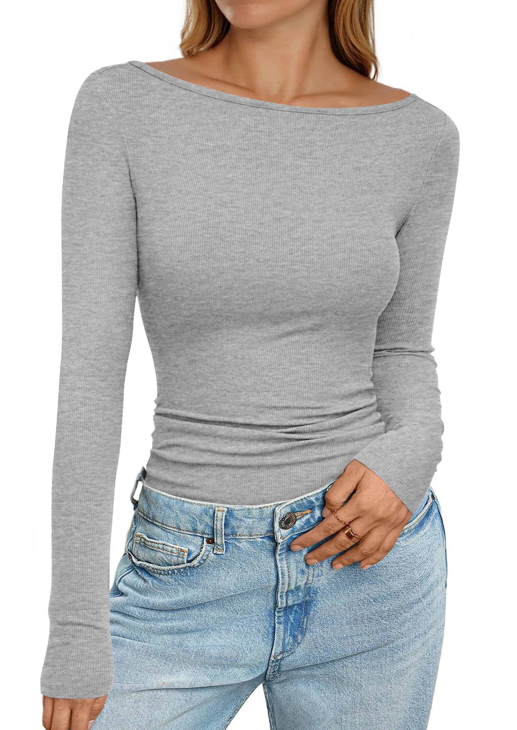 Long Sleeve T Shirts for Women Basic Ribbed Boat Neck Tops